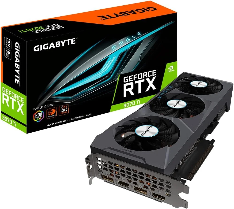 کارت گرافیک گیگابایت GeForce RTX 3070 Ti Eagle OC 8G، سیستم خنک کننده WINDFORCE 3X، حافظه 8 گیگابایت 256 بیتی GDDR6X، کارت ویدیو GV-N307TEAGLE OC-8GD