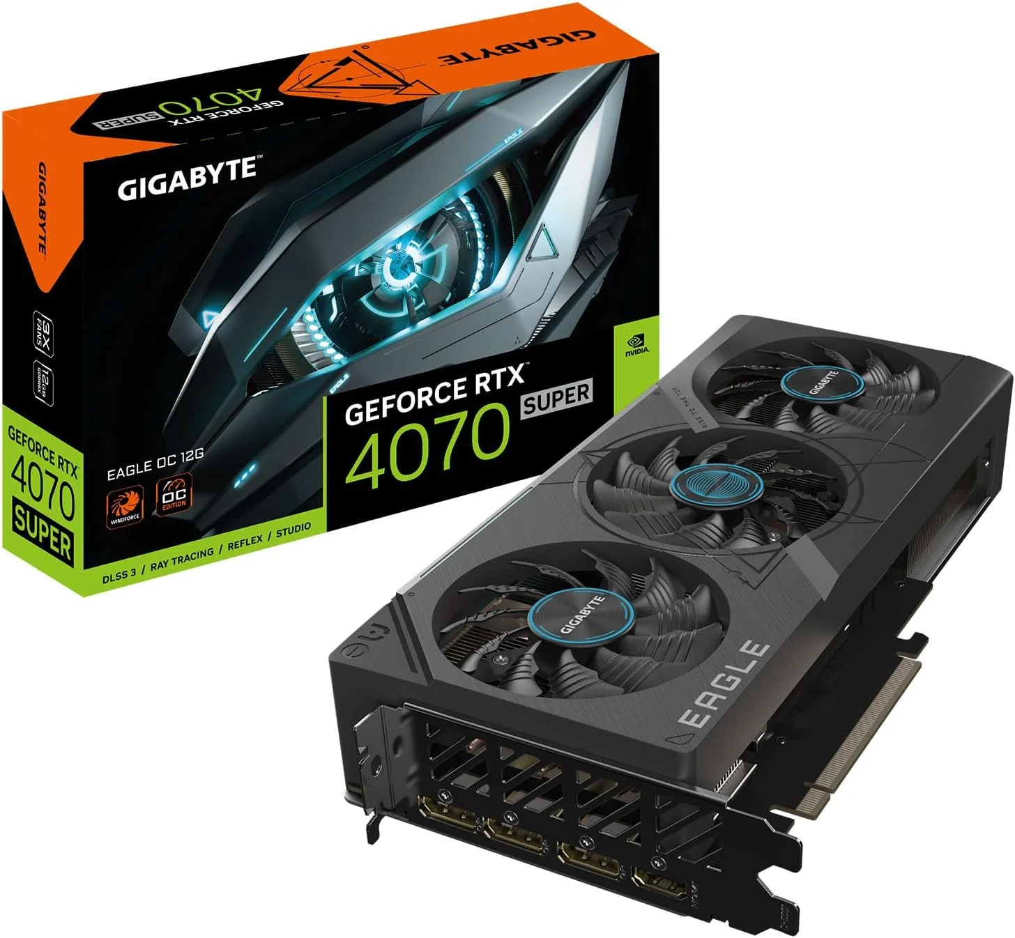 کارت گرافیک GIGABYTE GeForce RTX 4070 Super Eagle OC 12G، سه فن WINDFORCE، حافظه 12 گیگابایت GDDR6X 192 بیتی، کارت ویدیو GV-N407SEAGLE OC-12GD