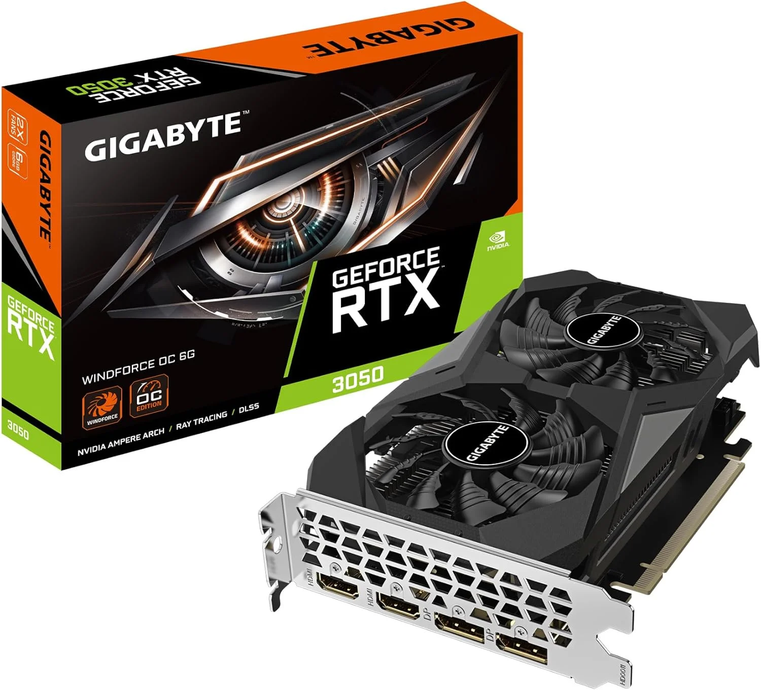 کارت گرافیک GIGABYTE GeForce RTX 3050 WINDFORCE OC 6G، دو فن WINDFORCE، حافظه 6 گیگابایتی GDDR6 96 بیتی، کارت گرافیک GV-N3050WF2OC-6GD
