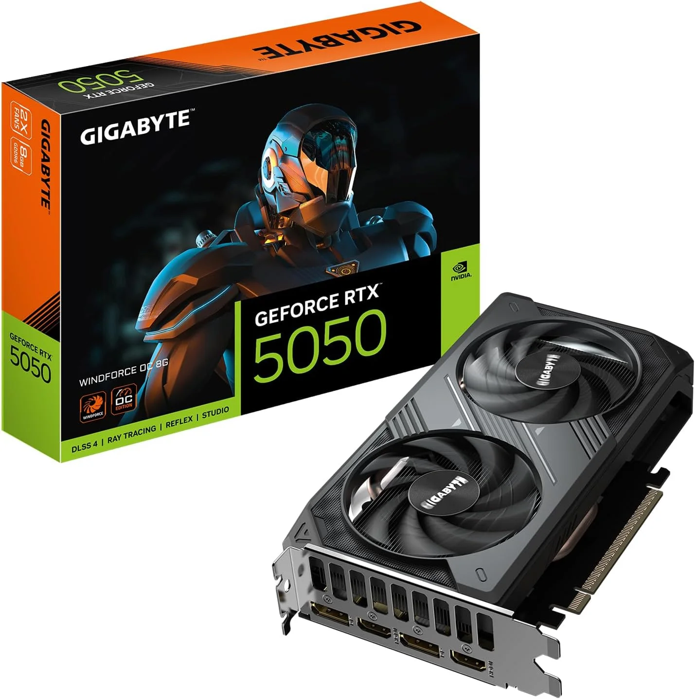 کارت گرافیک GIGABYTE GeForce RTX 5050 WINDFORCE OC 8G، حافظه 8 گیگابایت GDDR6 128 بیتی، PCIe 5.0، سیستم خنک کننده WINDFORCE، کارت گرافیک GV-N5050WF2OC-8GD