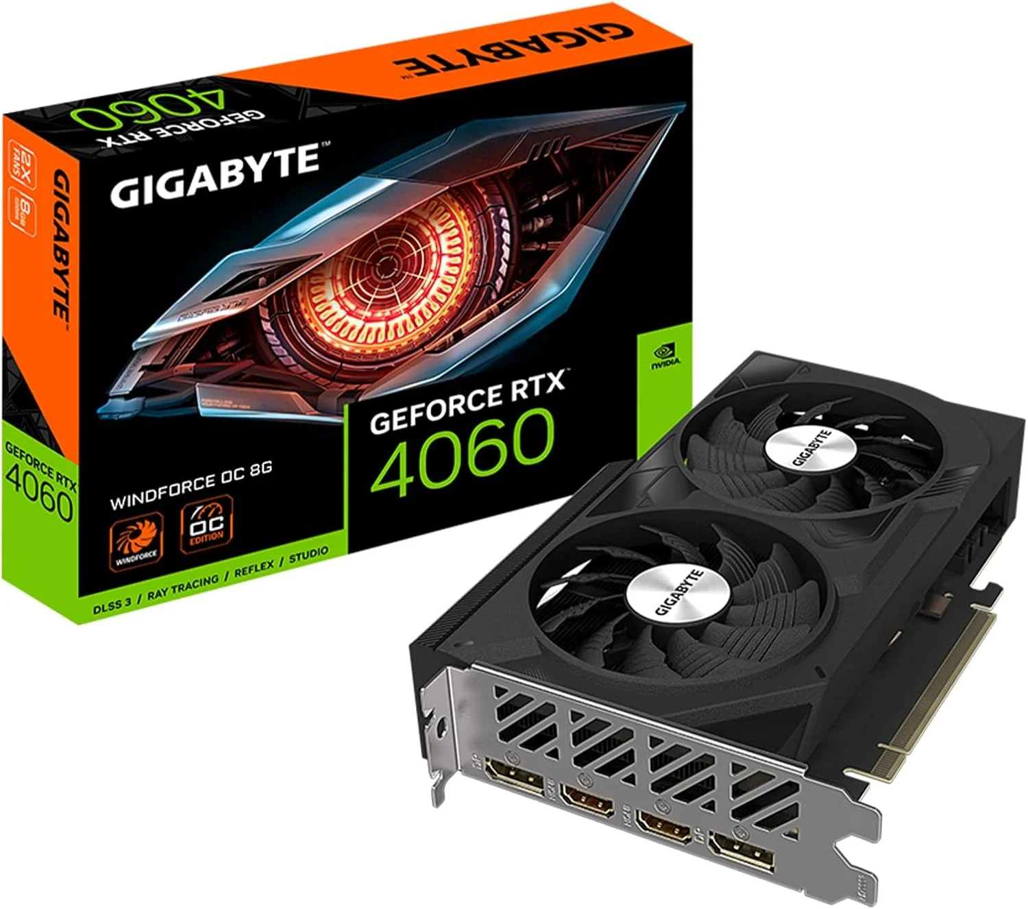 کارت گرافیک گیگابایت GeForce RTX 4060 WINDFORCE OC 8G، دو فن WINDFORCE، حافظه 8 گیگابایتی 128 بیتی GDDR6، کارت ویدیو GV-N4060WF2OC-8GD