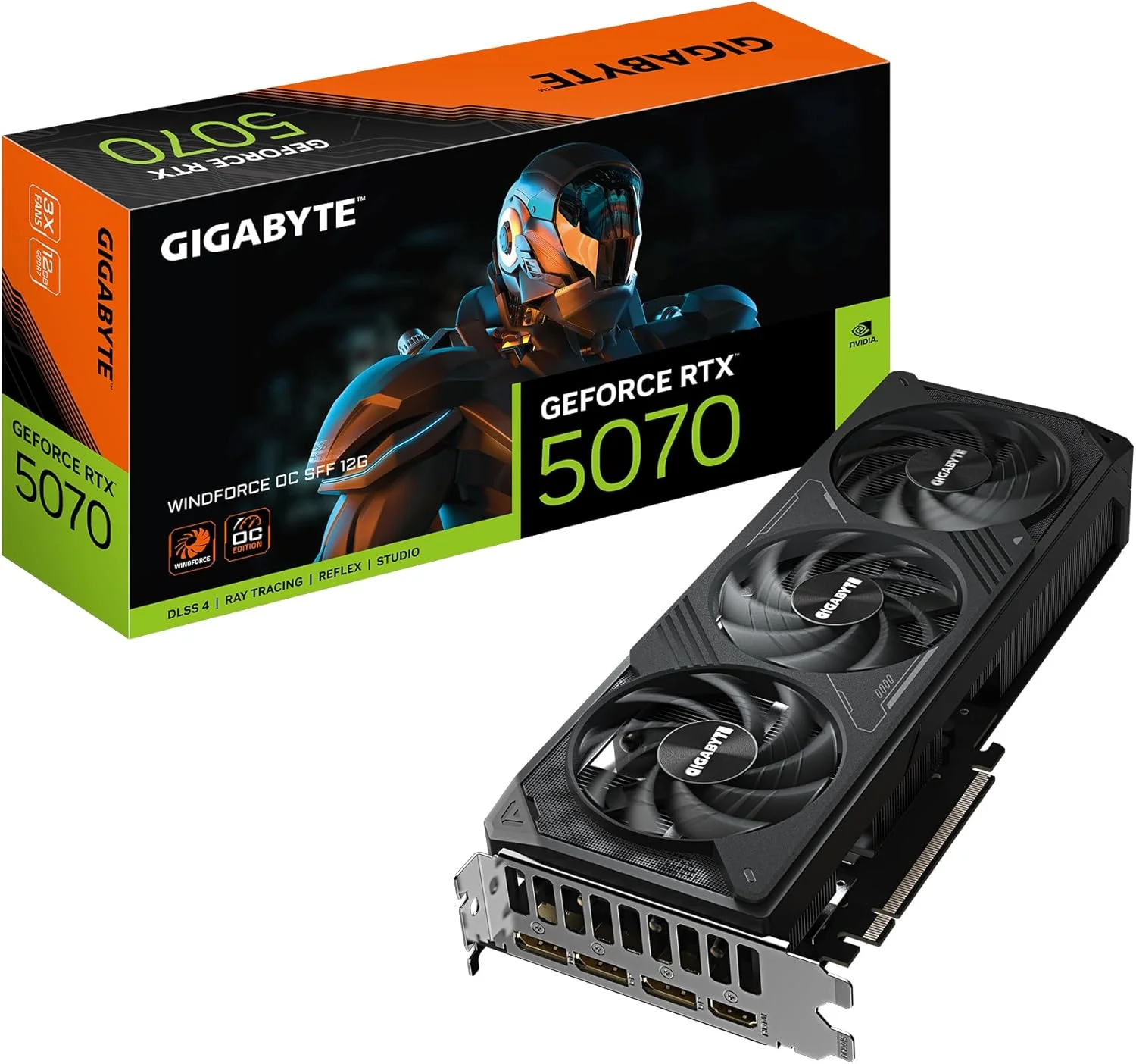 کارت گرافیک گیگابایت GeForce RTX 5070 WINDFORCE OC SFF 12G - حافظه 12 گیگابایت GDDR7، رابط 192 بیتی، PCI-E 5.0، فرکانس هسته 2542 مگاهرتز، 3 پورت DP 2.1a، 1 پورت HDMI 2.1b، NVIDIA DLSS 4، GV-N5070WF3OC-12GD