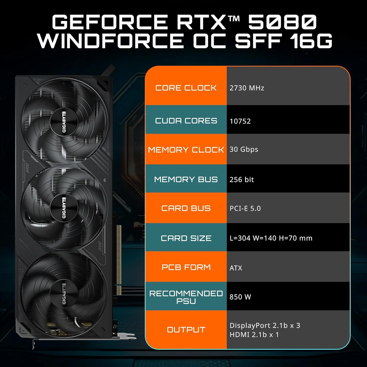 کارت گرافیک GIGABYTE GeForce RTX 5080 WINDFORCE OC SFF 16G، سیستم خنک کننده WINDFORCE، حافظه 16 گیگابایتی GDDR7 256 بیتی، کارت گرافیک GV-N5080WF3OC-16GD