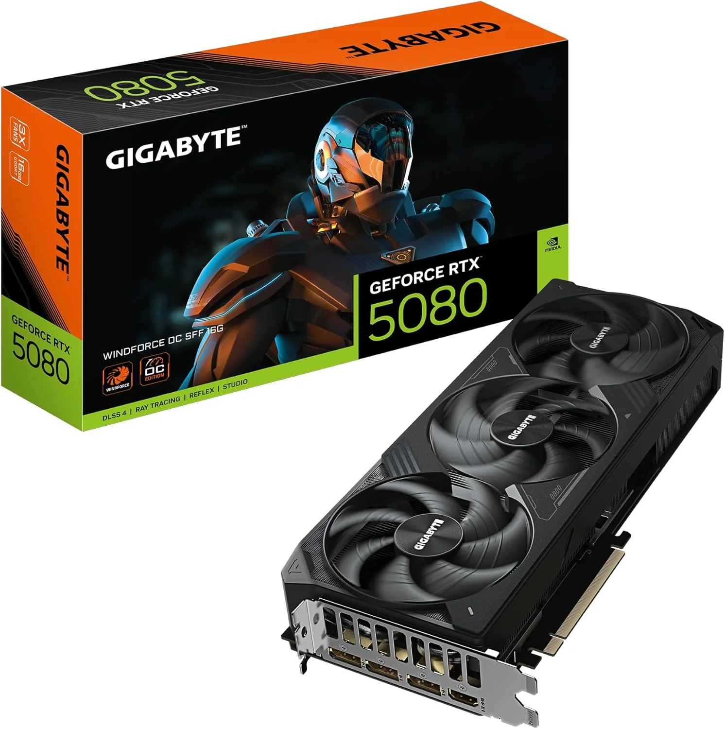 کارت گرافیک گیگابایت GeForce RTX 5080 WINDFORCE OC SFF 16G - حافظه 16 گیگابایت GDDR7، رابط 256 بیتی، PCI-E 5.0، فرکانس هسته 2670 مگاهرتز، 3 پورت DP 2.1a، 1 پورت HDMI 2.1b، مدل GV-N5080WF3OC-16GD