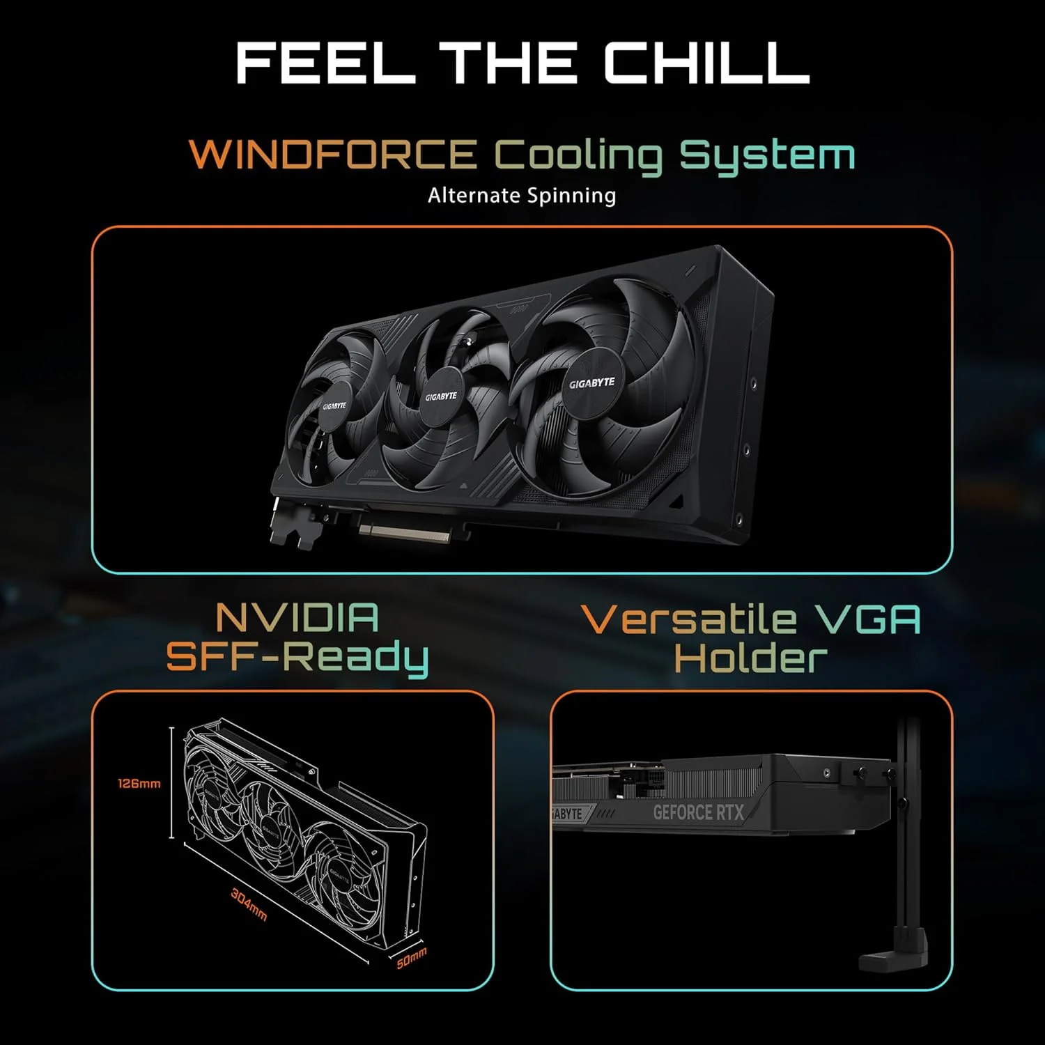کارت گرافیک GIGABYTE GeForce RTX 5080 WINDFORCE OC SFF 16G، سیستم خنک کننده WINDFORCE، حافظه 16 گیگابایتی GDDR7 256 بیتی، کارت گرافیک GV-N5080WF3OC-16GD