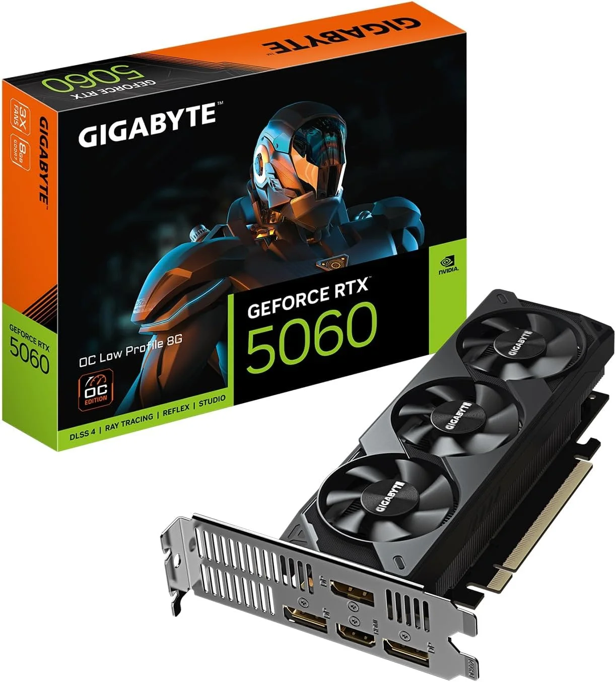 کارت گرافیک GIGABYTE GeForce RTX 5060 OC Low Profile 8G، حافظه 8 گیگابایت GDDR7، رابط PCIe 5.0، پشتیبانی از 4 نمایشگر، مدل GV-N5060OC-8GL