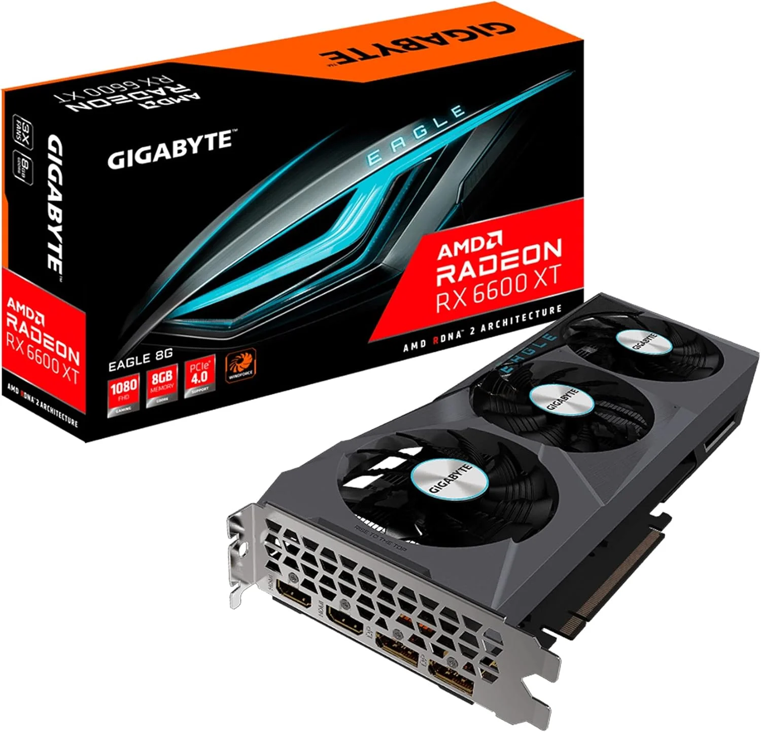 کارت گرافیک گیگابایت Radeon RX 6600 XT Eagle 8G، سیستم خنک کننده WINDFORCE 3X، حافظه 8 گیگابایتی GDDR6 128 بیتی، کارت ویدیو GV-R66XTEAGLE-8GD