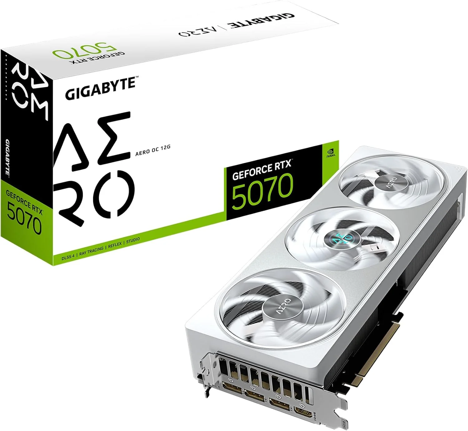 کارت گرافیک GIGABYTE GeForce RTX 5070 AERO OC 12G، حافظه 12 گیگابایت GDDR7 256 بیتی، PCIe 5.0، سیستم خنک کننده WINDFORCE، کارت ویدیو GV-N5070AERO OC-12GD