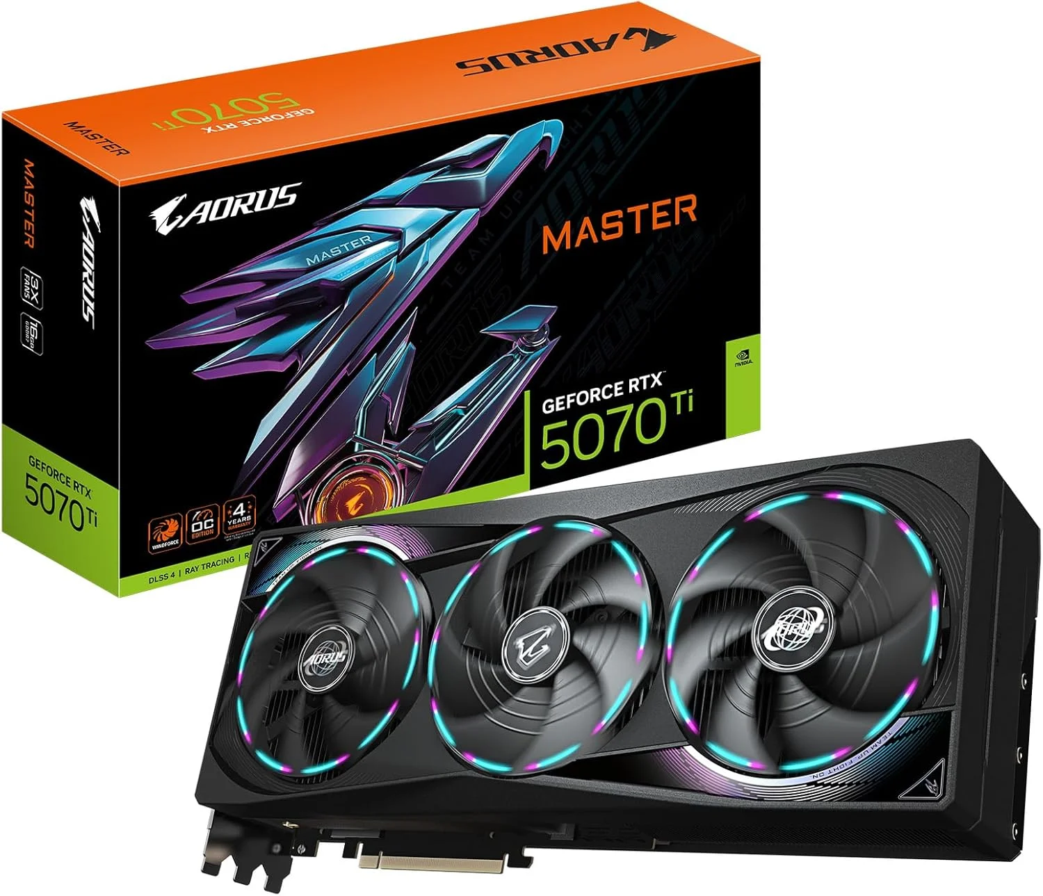 کارت گرافیک GIGABYTE AORUS GeForce RTX 5070 Ti Master 16G، با 16 گیگابایت حافظه GDDR7 256 بیتی، PCIe 5.0، سیستم خنک کننده WINDFORCE، مدل GV-N507TAORUS M-16GD