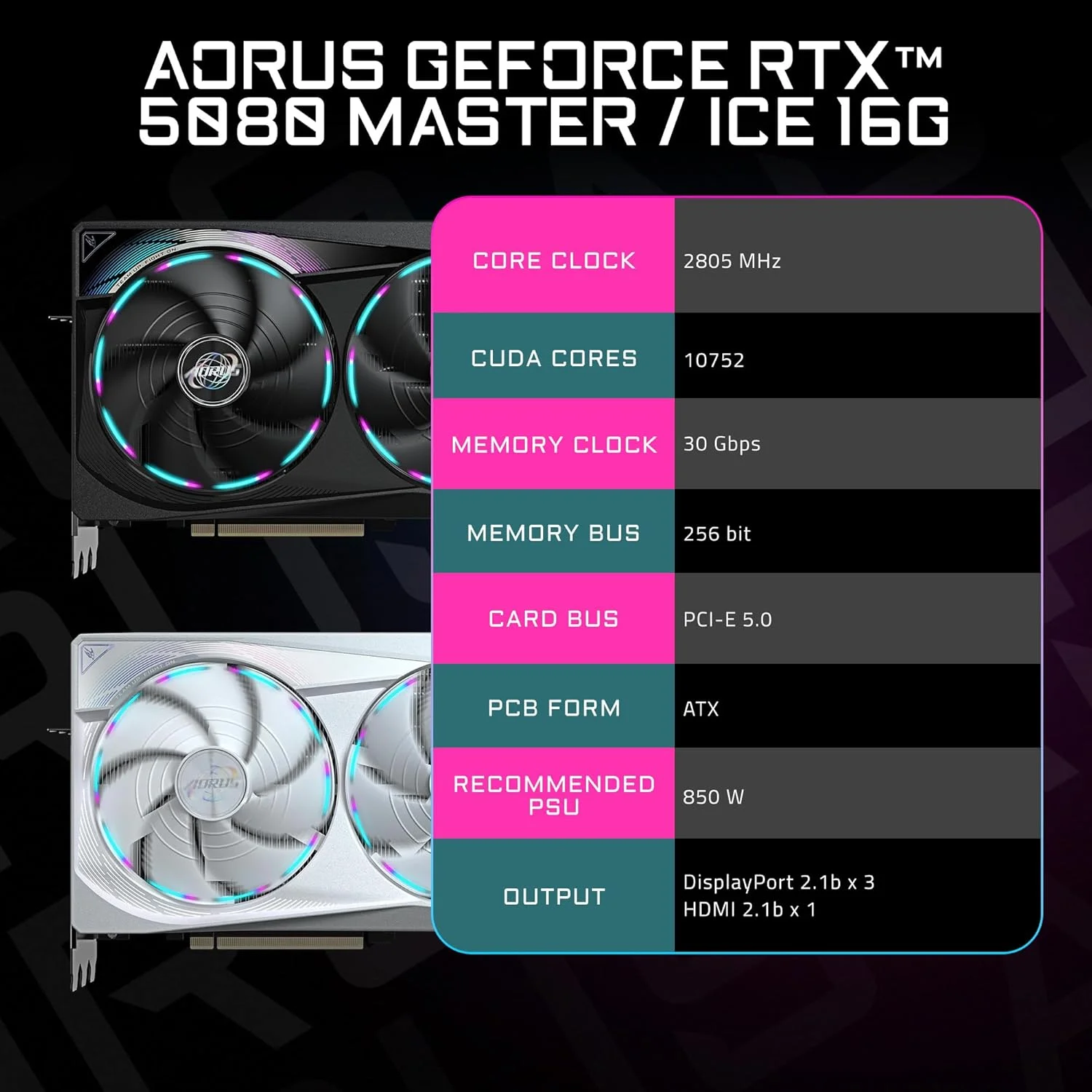 کارت گرافیک GIGABYTE AORUS GeForce RTX 5080 Master ICE 16G، سیستم خنک کننده WINDFORCE، حافظه 16 گیگابایتی 256 بیتی GDDR7، کارت ویدیویی GV-N5080AORUSM ICE-16GD