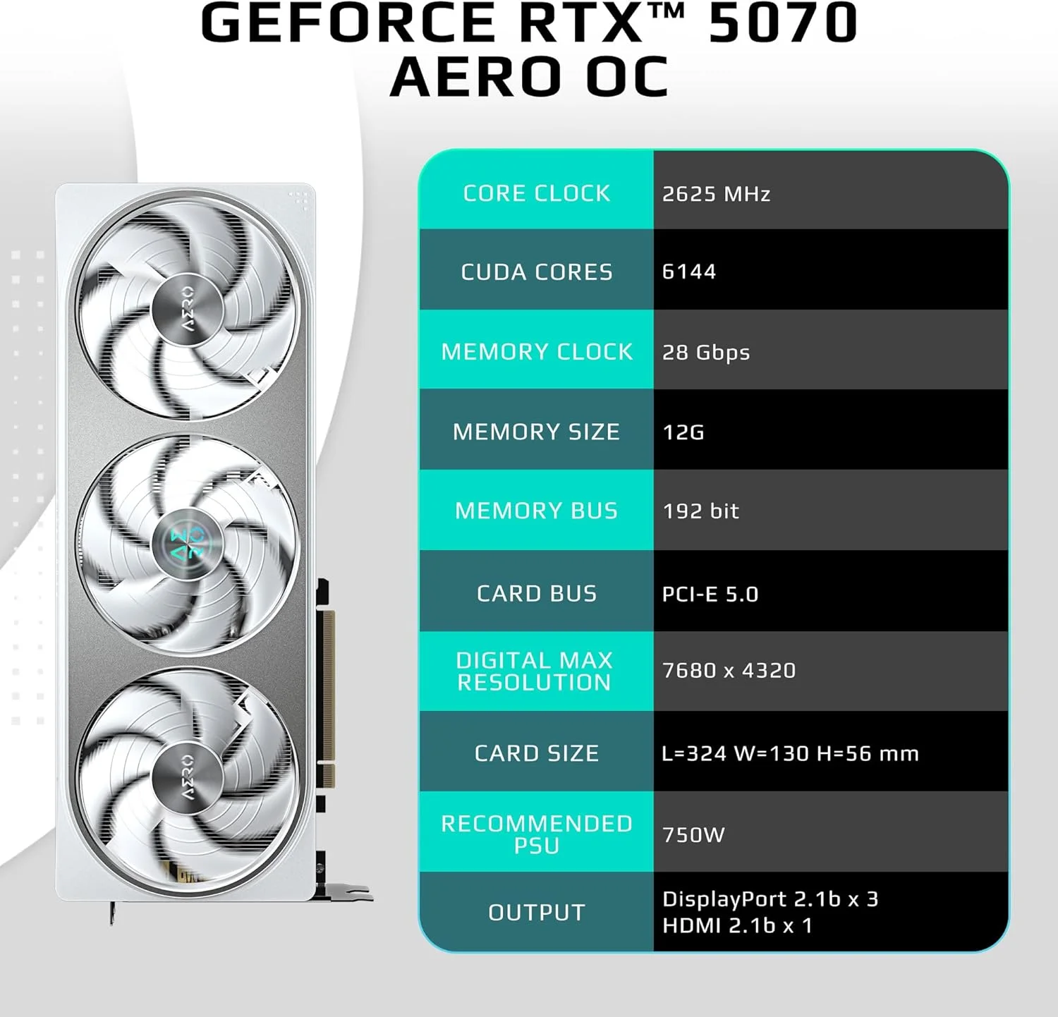 کارت گرافیک GIGABYTE GeForce RTX 5070 AERO OC 12G، حافظه 12 گیگابایت GDDR7 256 بیتی، PCIe 5.0، سیستم خنک کننده WINDFORCE، کارت ویدیو GV-N5070AERO OC-12GD کارت گرافیک GIGABYTE GeForce RTX 5070 AERO OC 12G، حافظه 12 گیگابایت GDDR7 256 بیتی، PCIe 5.0، سیستم خنک کننده WINDFORCE، کارت ویدیو GV-N5070AERO OC-12GD