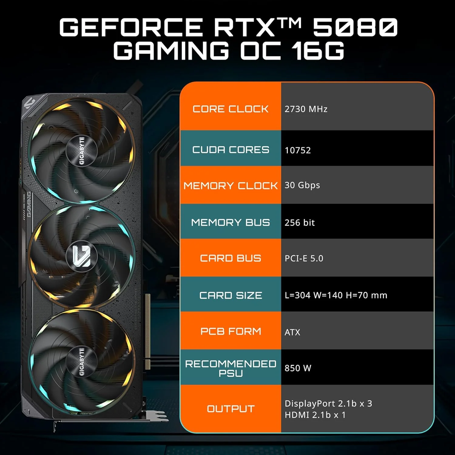 کارت گرافیک GIGABYTE GeForce RTX 5080 Gaming OC 16G، سیستم خنک کننده WINDFORCE، حافظه 16 گیگابایتی 256 بیتی GDDR7، کارت گرافیک GV-N5080GAMING OC-16GD