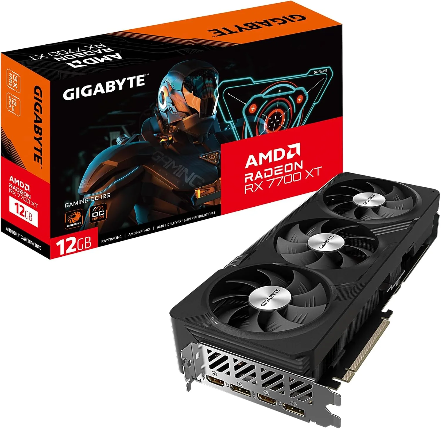 کارت گرافیک گیگابایت Radeon RX 7700 XT Gaming OC 12G، سه فن WINDFORCE، حافظه 12 گیگابایتی 192 بیتی GDDR6، کارت ویدیویی GV-R77XTGAMING OC-12GD