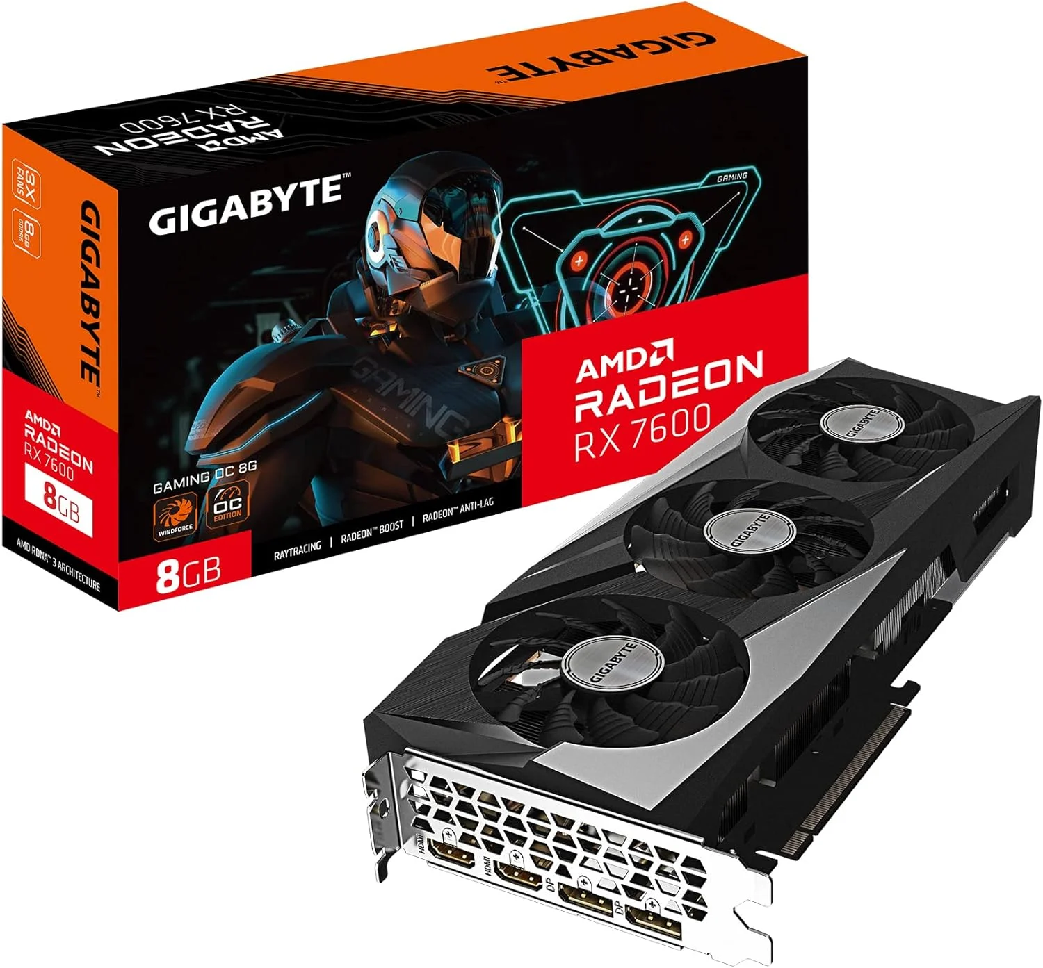 کارت گرافیک گیگابایت GV-R76GAMING OC-8GD Radeon RX 7600 Gaming OC 8G، فن های 3X WINDFORCE، حافظه 8 گیگابایت 128 بیتی GDDR6