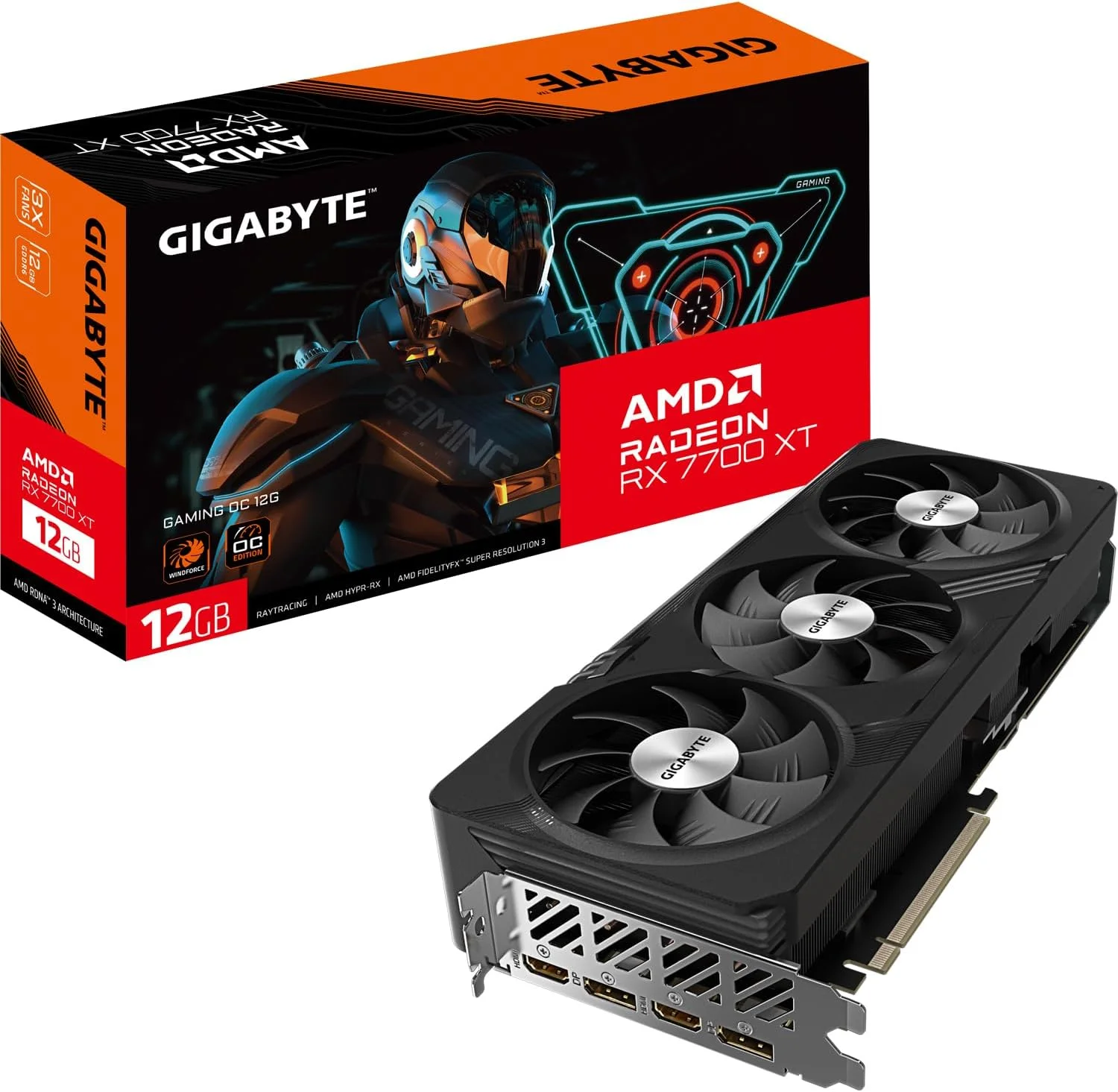 کارت گرافیک گیگابایت Radeon RX 7700 XT GAMING OC 12GB - حافظه 12GB GDDR6 192-bit، سیستم خنک کننده Windforce، صفحه پشتی فلزی، DP 2.1، HDMI 2.1، معماری AMD RDNA 3، GV-R77XTGAMING OC-12GD