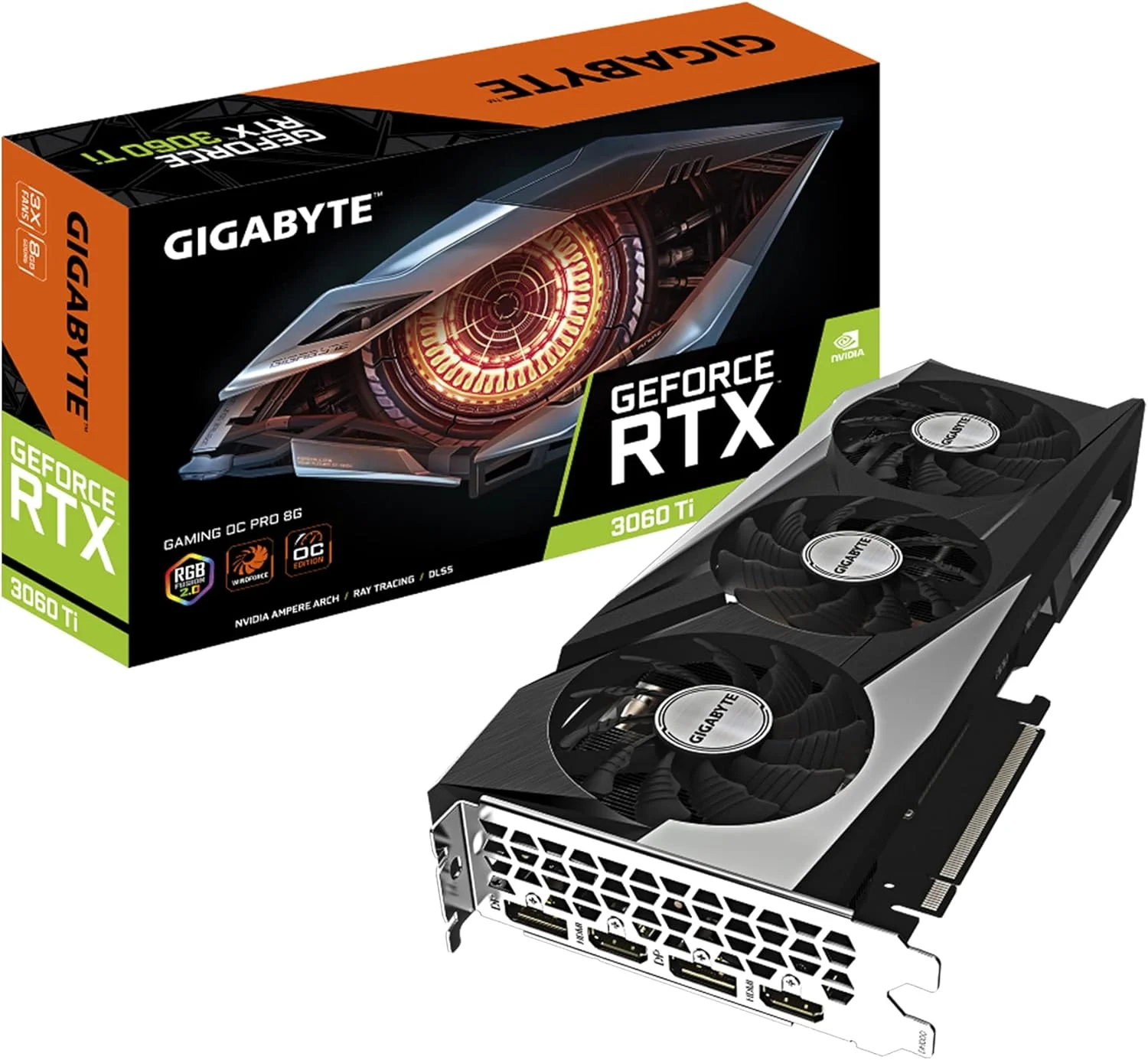 کارت گرافیک گیگابایت GeForce RTX 3060 Ti Gaming OC PRO 8G REV3.0، فن های 3X WINDFORCE، LHR، حافظه 8 گیگابایت 256 بیتی GDDR6، کارت ویدیو GV N306TGAMINGOC PRO 8GD R3