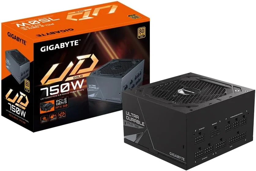 منبع تغذیه 750 وات گیگابایت UD750GM PG5 80 Plus Gold کاملاً ماژولار PCIe 5.0، ATX 3.0، کانکتور GPU 12VHPWR، کابل های تخت، 5 سال گارانتی