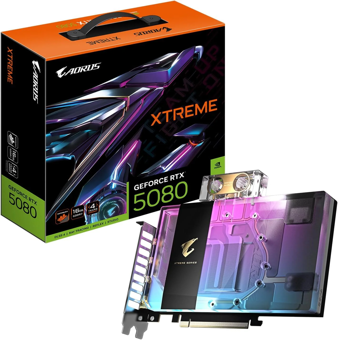 کارت گرافیک GIGABYTE AORUS GeForce RTX 5080 Xtreme WATERFORCE WB 16G، سیستم خنک کننده بلوک آبی WATERFORCE، حافظه 16 گیگابایتی 256 بیتی GDDR7، کارت ویدیو GV-N5080AORUSX WB-16GD