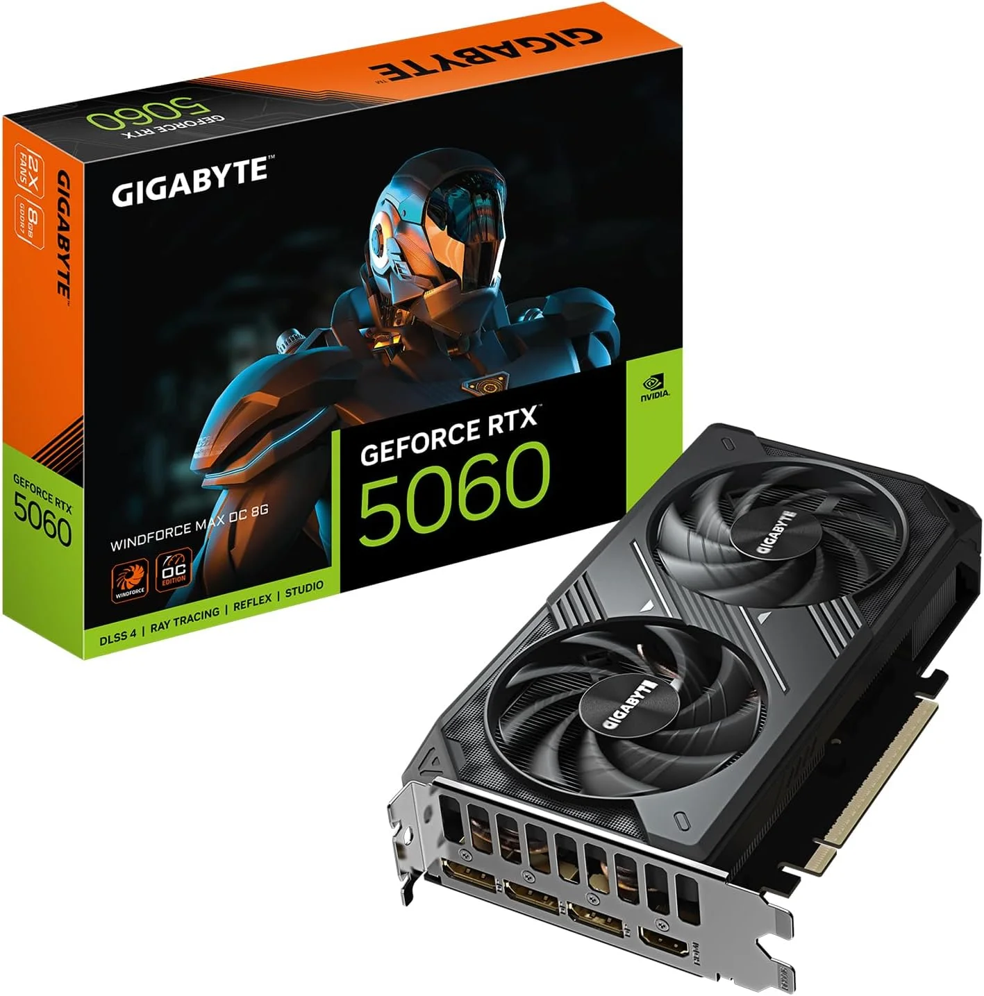 کارت گرافیک GIGABYTE GeForce RTX 5060 WINDFORCE MAX OC 8G، حافظه 8 گیگابایت GDDR7 128 بیتی، PCIe 5.0، سیستم خنک کننده WINDFORCE، کارت ویدیو GV-N5060WF2MAX OC-8GD