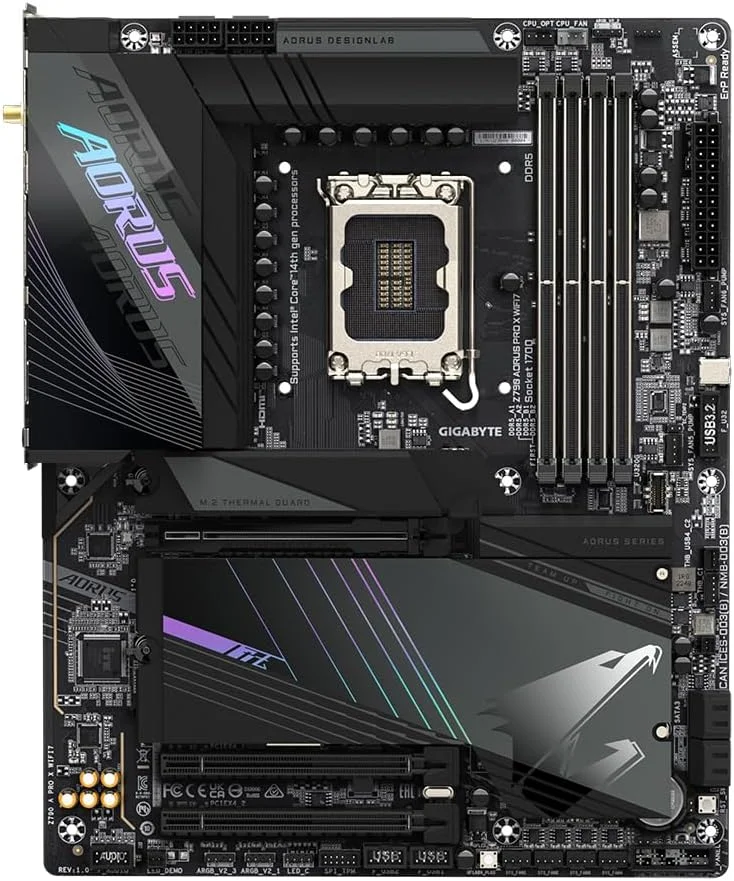 مادربرد گیگابایت Z790 AORUS PRO X WIFI7 - پشتیبانی از پردازنده های نسل 14 اینتل Core، VRM با فازهای 18+1+2، پشتیبانی از DDR5 تا 8266 مگاهرتز (OC)، 1xPCIe 5.0 + 4xPCIe 4.0 M.2، Wi-Fi 7، LAN 5GbE، USB 3.2 Gen 2