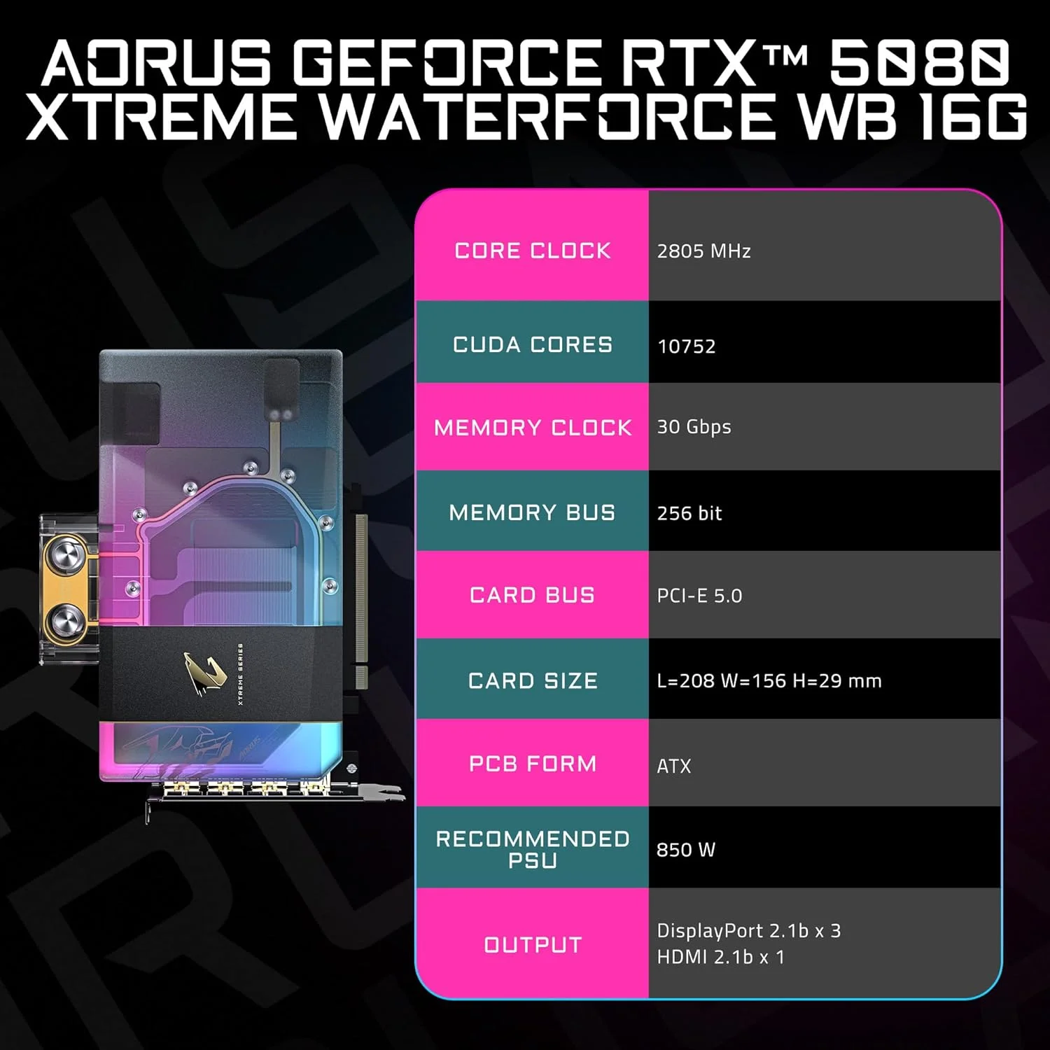 کارت گرافیک GIGABYTE AORUS GeForce RTX 5080 Xtreme WATERFORCE WB 16G، سیستم خنک کننده بلوک آبی WATERFORCE، حافظه 16 گیگابایتی 256 بیتی GDDR7، کارت ویدیو GV-N5080AORUSX WB-16GD