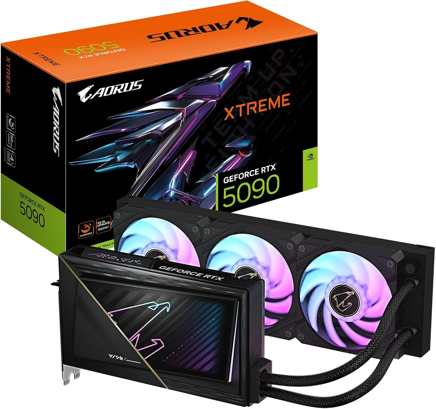 کارت گرافیک GIGABYTE AORUS GeForce RTX 5090 Xtreme WATERFORCE 32G، سیستم خنک کننده WATERFORCE All-in-one، حافظه 32 گیگابایت 512 بیتی GDDR7، کارت ویدیو GV-N5090AORUSX W-32GD