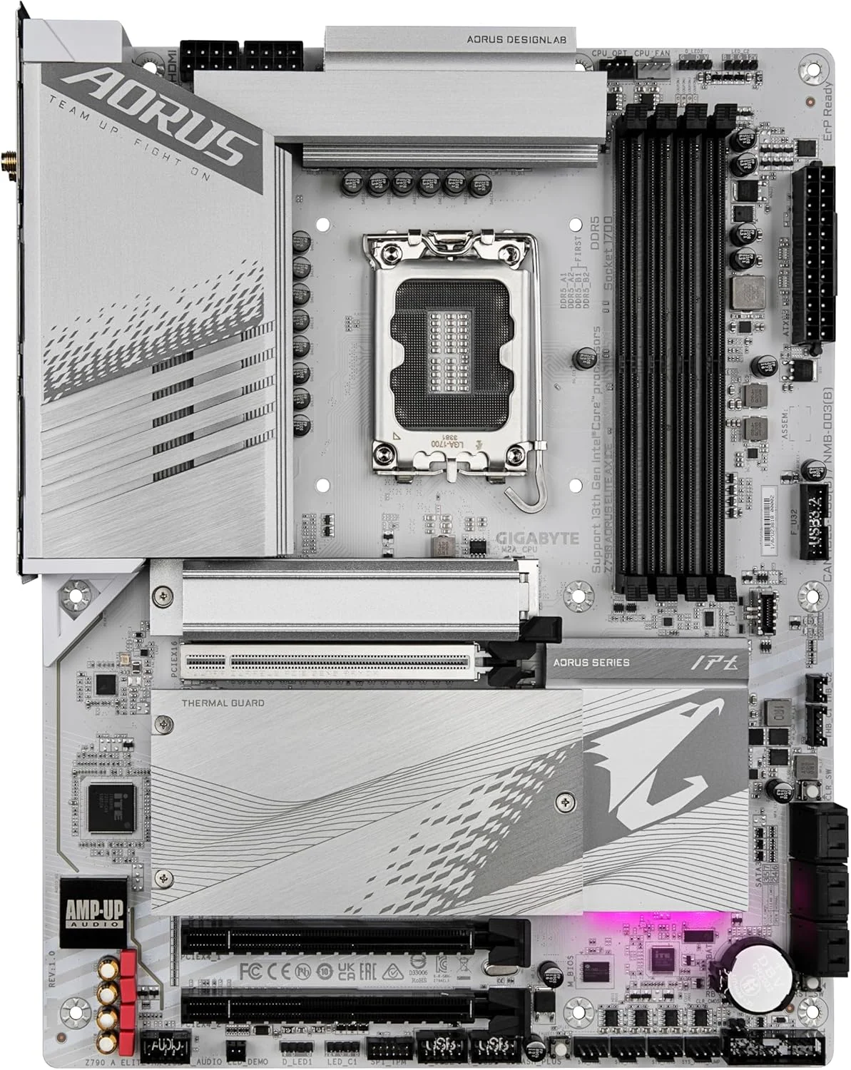 مادربرد گیگابایت Z790 AORUS ELITE AX ICE - پشتیبانی از پردازنده های نسل سیزدهم اینتل Core، VRM دیجیتال 16+1+2 فاز، DDR5 تا 7600 مگاهرتز، 4xPCIe 4.0 M.2، Wi-Fi 6E، LAN 2.5GbE، USB 3.2 Gen 2