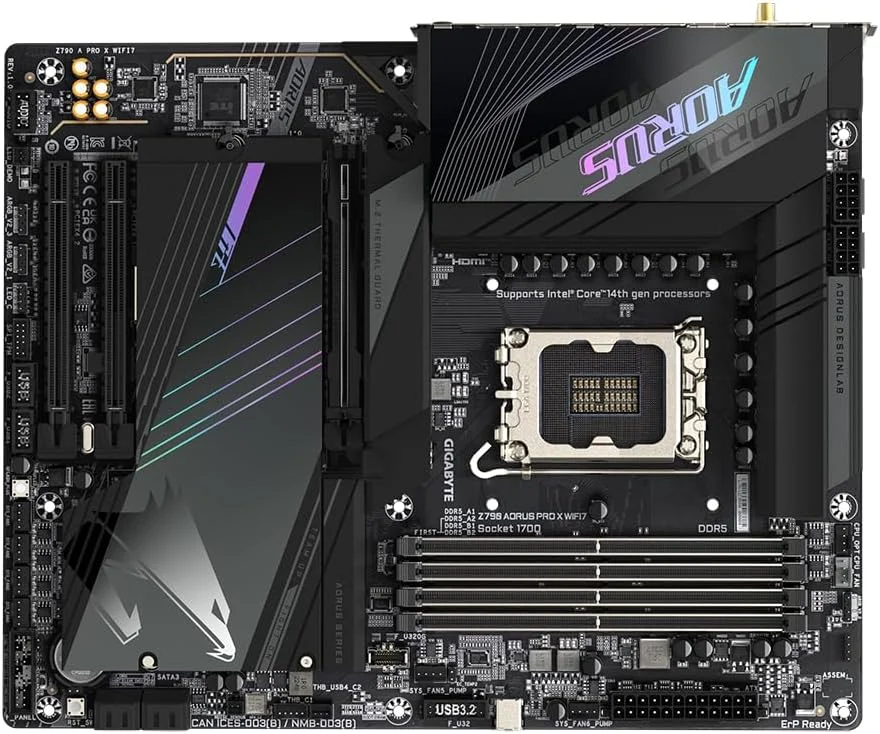 مادربرد گیگابایت Z790 AORUS PRO X WIFI7 - پشتیبانی از پردازنده های نسل 14 اینتل Core، VRM با فازهای 18+1+2، پشتیبانی از DDR5 تا 8266 مگاهرتز (OC)، 1xPCIe 5.0 + 4xPCIe 4.0 M.2، Wi-Fi 7، LAN 5GbE، USB 3.2 Gen 2
