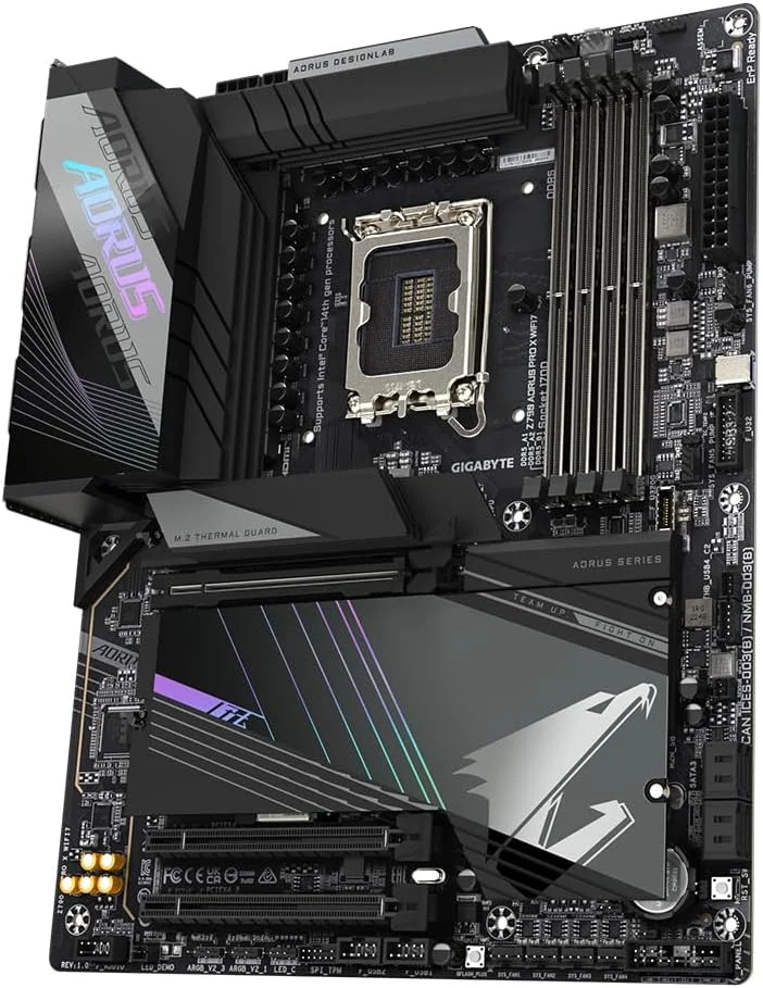 مادربرد گیگابایت Z790 AORUS PRO X WIFI7 - پشتیبانی از پردازنده های نسل 14 اینتل، VRM با فازهای 18+1+2، پشتیبانی از DDR5 تا 8266 مگاهرتز (OC)، 1xPCIe 5.0 + 4xPCIe 4.0 M.2، Wi-Fi 7، LAN 5GbE، USB 3.2 Gen 2