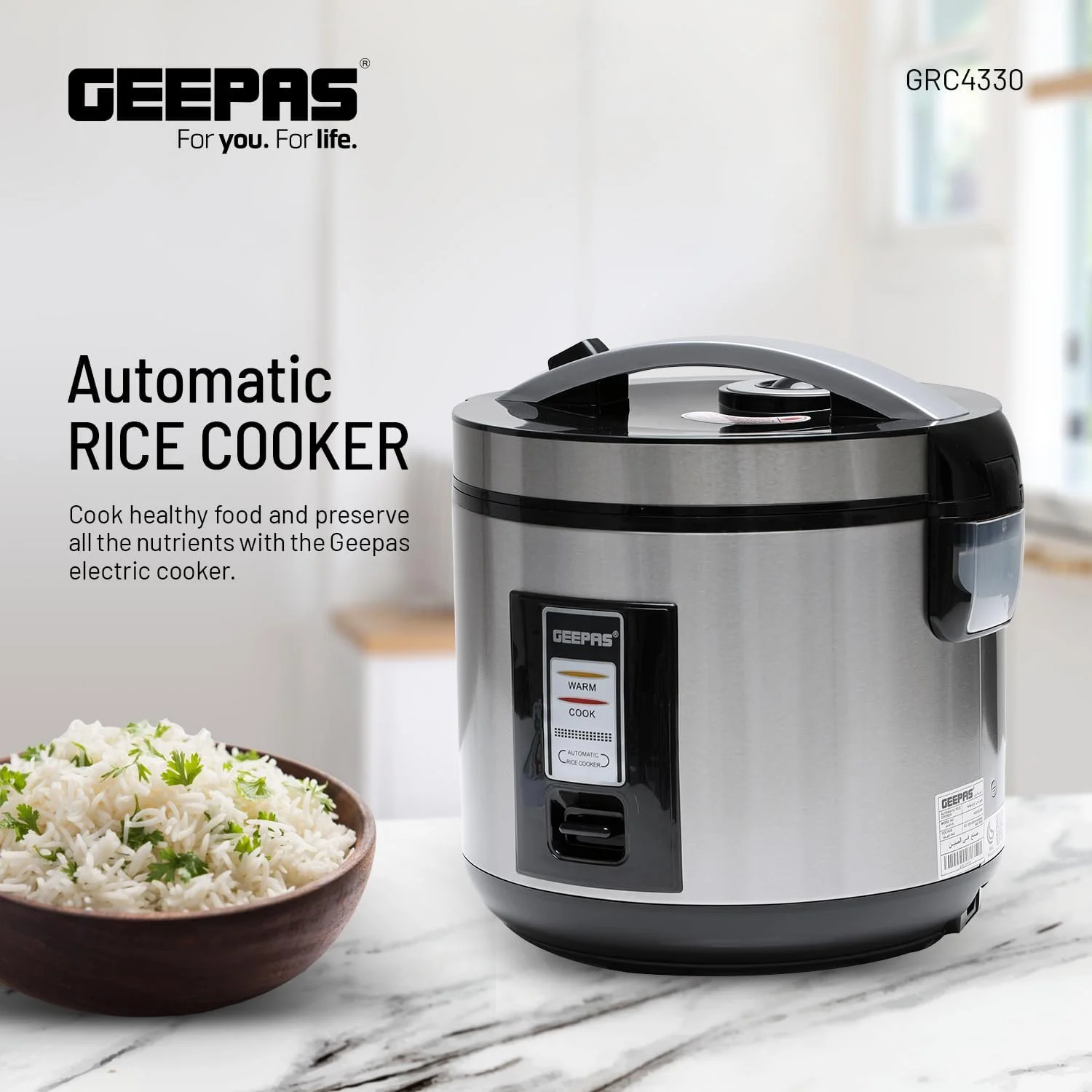 پلوپز استیل 1.8 لیتری Geepas مدل GRC4330 | 700 وات، دیگ داخلی نچسب | عملکردهای پخت/بخارپز/گرم نگه داشتن، تهیه برنج و بخارپز کردن سبزیجات سالم | 2 سال گارانتی