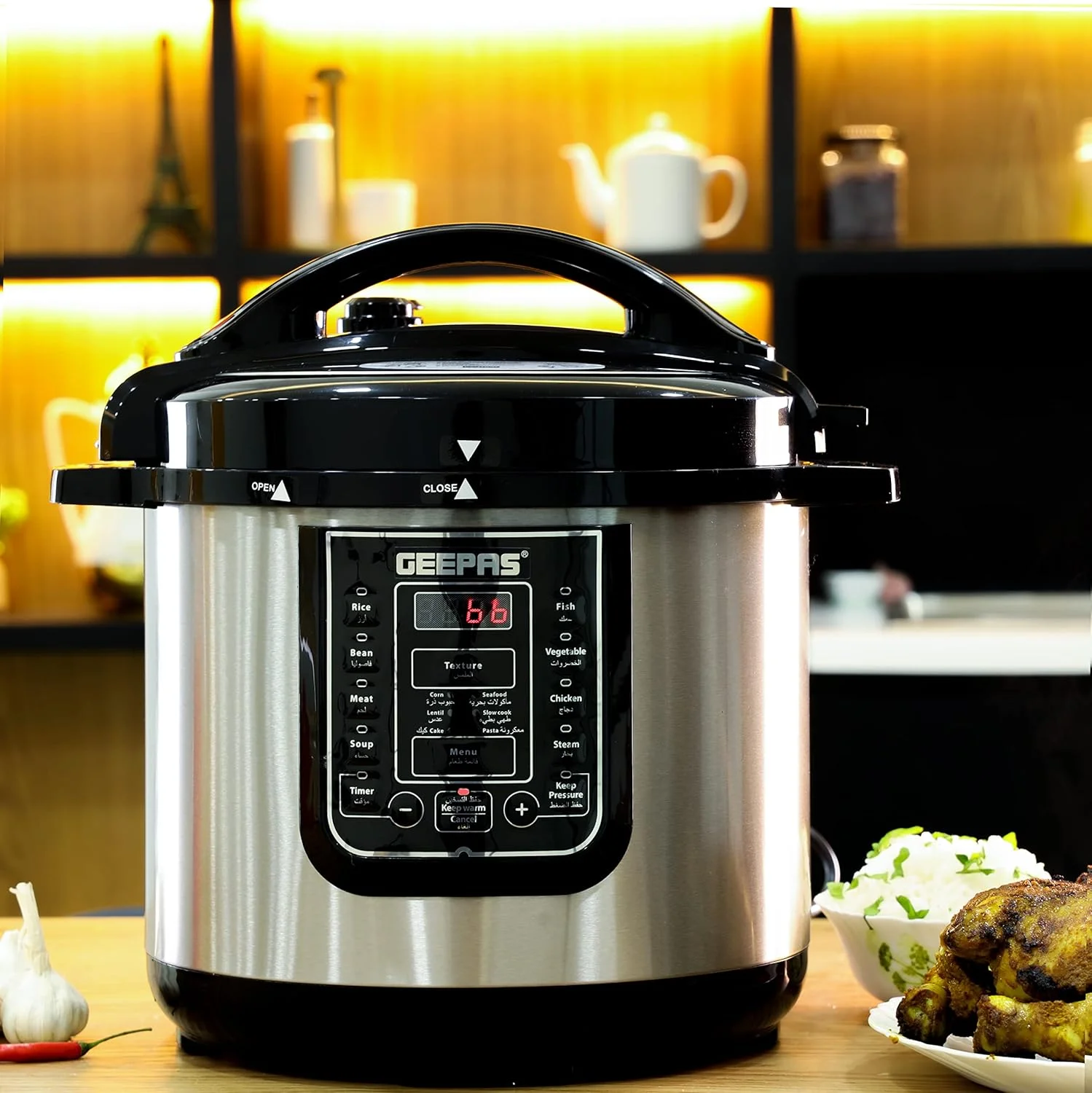 دیگ چندکاره دیجیتال 8 لیتری جیپاس مدل GMC35029 با صفحه نمایش LED لمسی، 14 برنامه، عملکرد خاموش شدن خودکار، ظرفیت 8 لیتر و درب داخلی جداشدنی، خاکستری