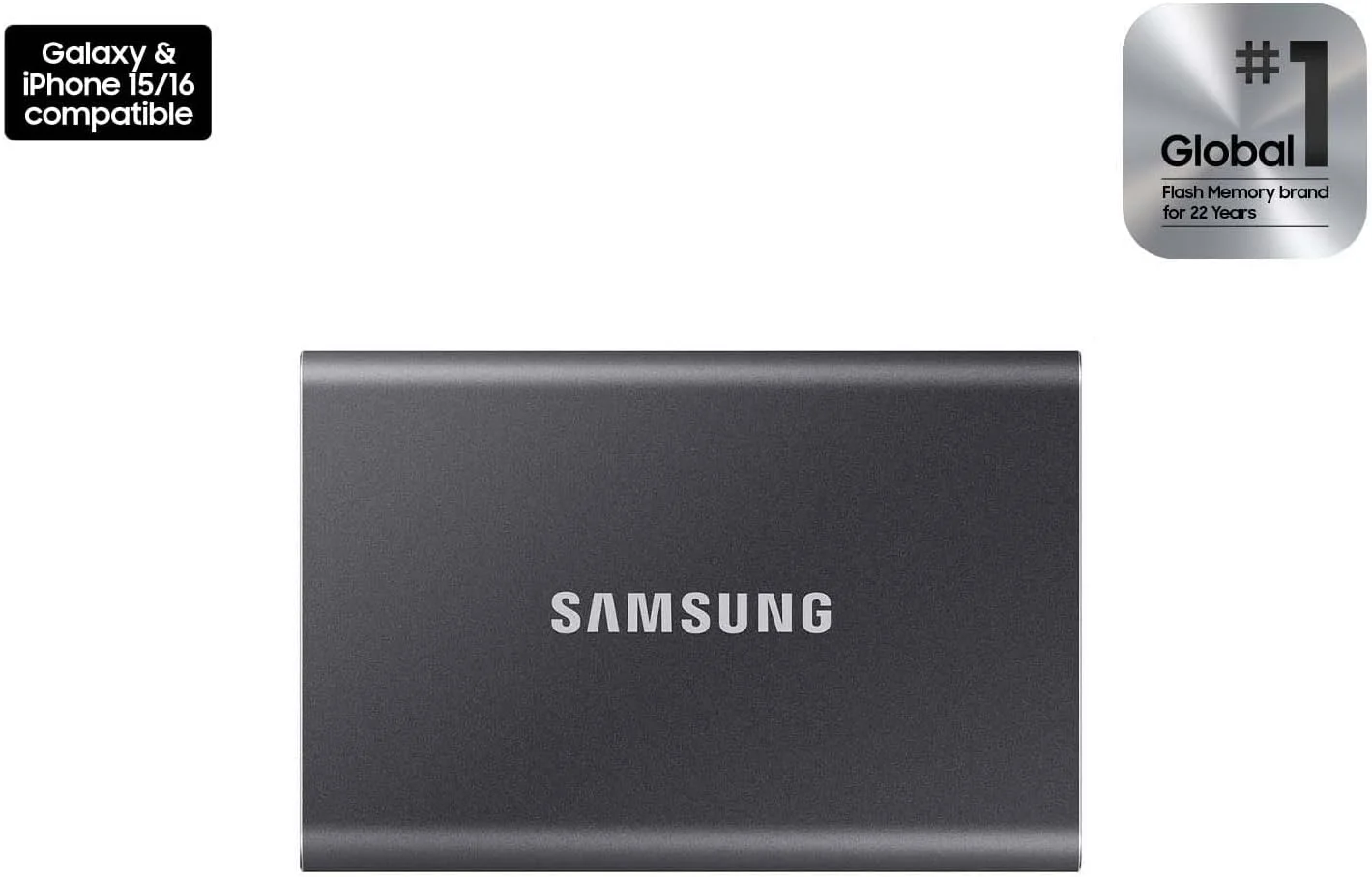 حافظه اس اس دی اکسترنال سامسونگ T7، ظرفیت 2 ترابایت، سرعت تا 1050 مگابایت بر ثانیه، USB 3.2 Gen 2، ذخیره سازی مطمئن برای گیمینگ، دانشجویان، متخصصان، مدل MU-PC2T0T/AM، خاکستری
