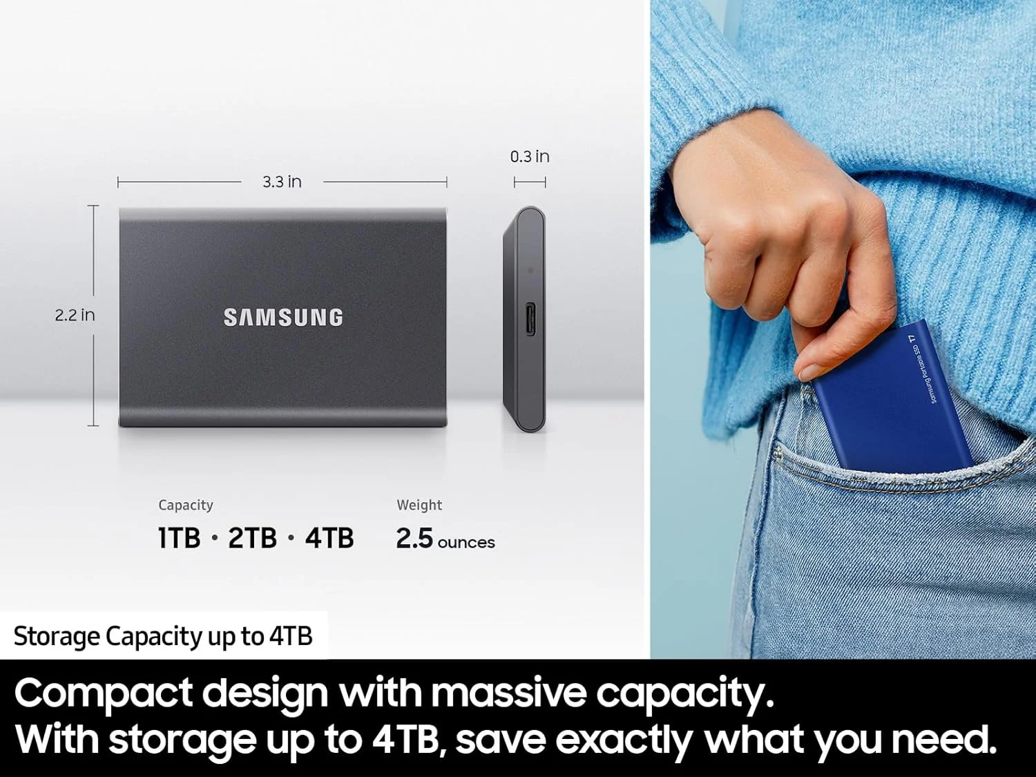حافظه اس اس دی اکسترنال سامسونگ T7، ظرفیت 2 ترابایت، سرعت تا 1050 مگابایت بر ثانیه، USB 3.2 Gen 2، ذخیره سازی مطمئن برای گیمینگ، دانشجویان، متخصصان، مدل MU-PC2T0T/AM، خاکستری