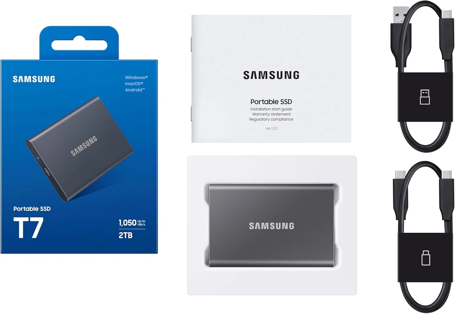 حافظه اس اس دی اکسترنال سامسونگ T7، ظرفیت 2 ترابایت، سرعت تا 1050 مگابایت بر ثانیه، USB 3.2 Gen 2، ذخیره سازی مطمئن برای گیمینگ، دانشجویان، متخصصان، مدل MU-PC2T0T/AM، خاکستری