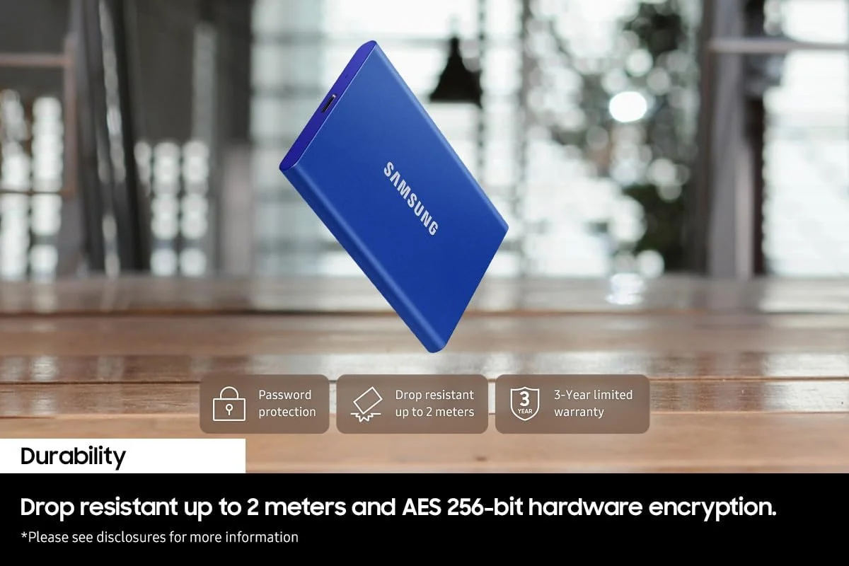 حافظه اس اس دی اکسترنال سامسونگ T7 - ظرفیت 1 ترابایت - USB 3.2 Gen.2 - رنگ آبی نیلی (MU-PC1T0H/WW) حافظه اس اس دی اکسترنال سامسونگ T7 - ظرفیت 1 ترابایت - USB 3.2 Gen.2 - رنگ آبی نیلی (MU-PC1T0H/WW)