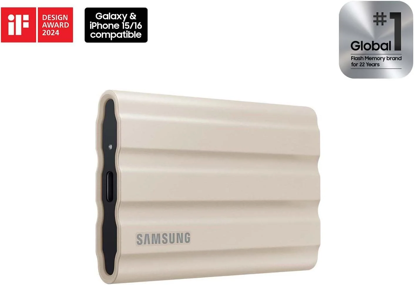 حافظه اس اس دی اکسترنال سامسونگ مدل T7 Shield با ظرفیت 2 ترابایت، سرعت انتقال تا 1050 مگابایت بر ثانیه، USB 3.2 Gen2، مقاوم در برابر ضربه، دارای استاندارد IP65، مناسب برای عکاسان، تولیدکنندگان محتوا و گیمینگ، رنگ بژ (MU-PE2T0K/AM, 2022)