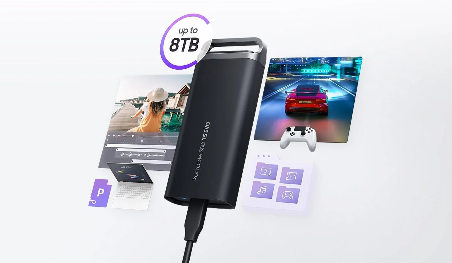حافظه اس اس دی اکسترنال سامسونگ مدل Portable SSD T5 EVO با ظرفیت 2 ترابایت، USB 3.2 Gen 1، سرعت خواندن و نوشتن تا 460 مگابایت بر ثانیه، USB-C، مناسب برای مک، کامپیوتر، اندروید، تلویزیون های هوشمند و کنسول های بازی