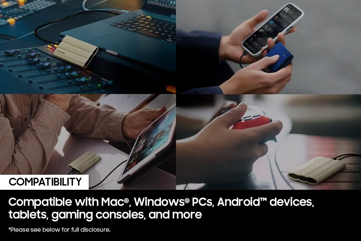 حافظه اس اس دی اکسترنال سامسونگ مدل T7 Shield با ظرفیت 2 ترابایت، سرعت انتقال تا 1050 مگابایت بر ثانیه، USB 3.2 Gen2، مقاوم در برابر ضربه، دارای استاندارد IP65، مناسب برای عکاسان، تولیدکنندگان محتوا و گیمینگ، رنگ بژ (MU-PE2T0K/AM, 2022)