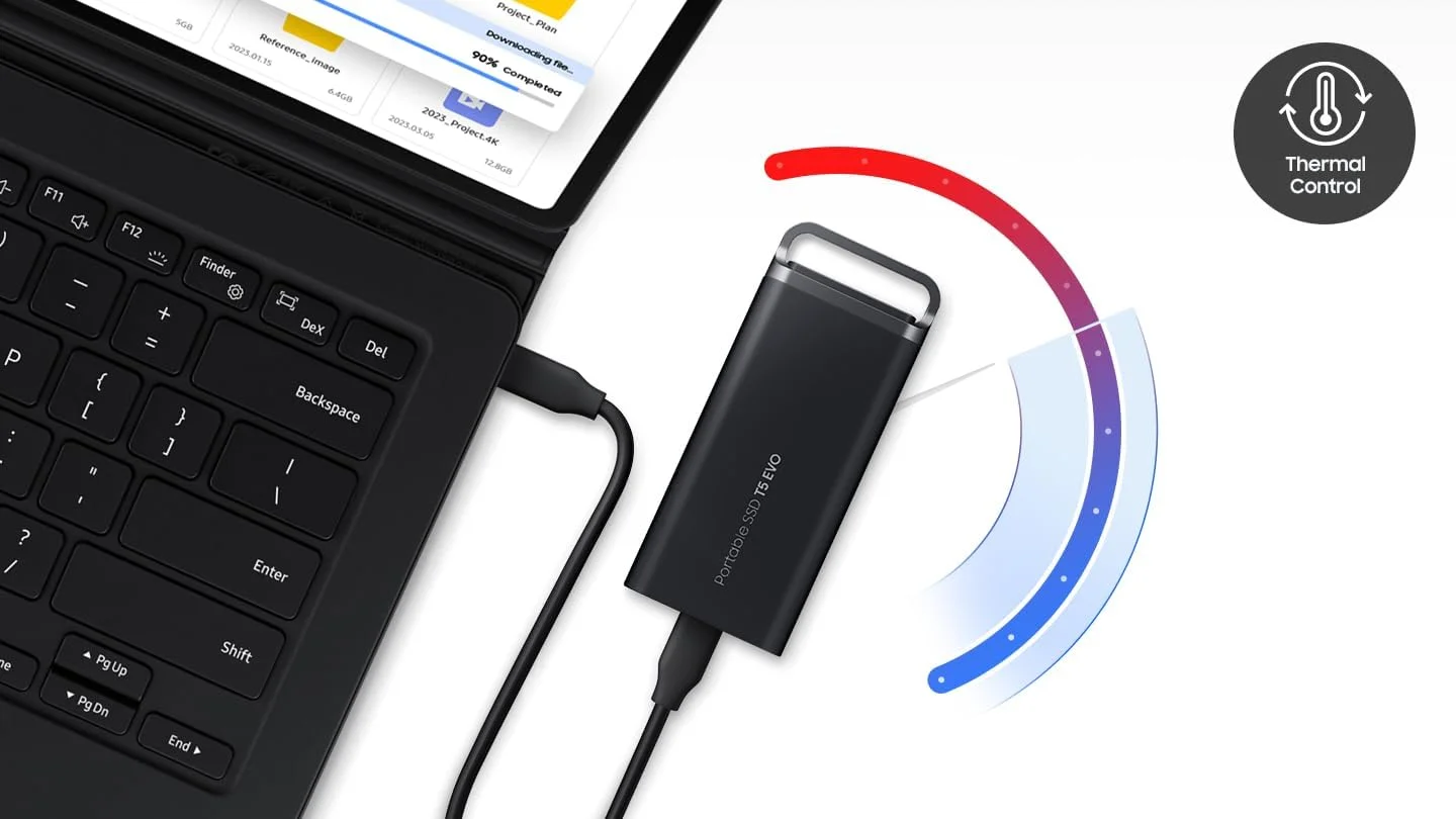 حافظه اس اس دی اکسترنال سامسونگ مدل Portable SSD T5 EVO با ظرفیت 2 ترابایت، USB 3.2 Gen 1، سرعت خواندن و نوشتن تا 460 مگابایت بر ثانیه، USB-C، مناسب برای مک، کامپیوتر، اندروید، تلویزیون های هوشمند و کنسول های بازی