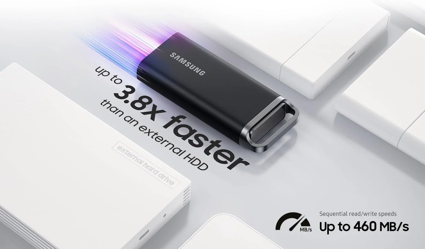 حافظه اس اس دی اکسترنال سامسونگ مدل Portable SSD T5 EVO با ظرفیت 2 ترابایت، USB 3.2 Gen 1، سرعت خواندن و نوشتن تا 460 مگابایت بر ثانیه، USB-C، مناسب برای مک، کامپیوتر، اندروید، تلویزیون های هوشمند و کنسول های بازی