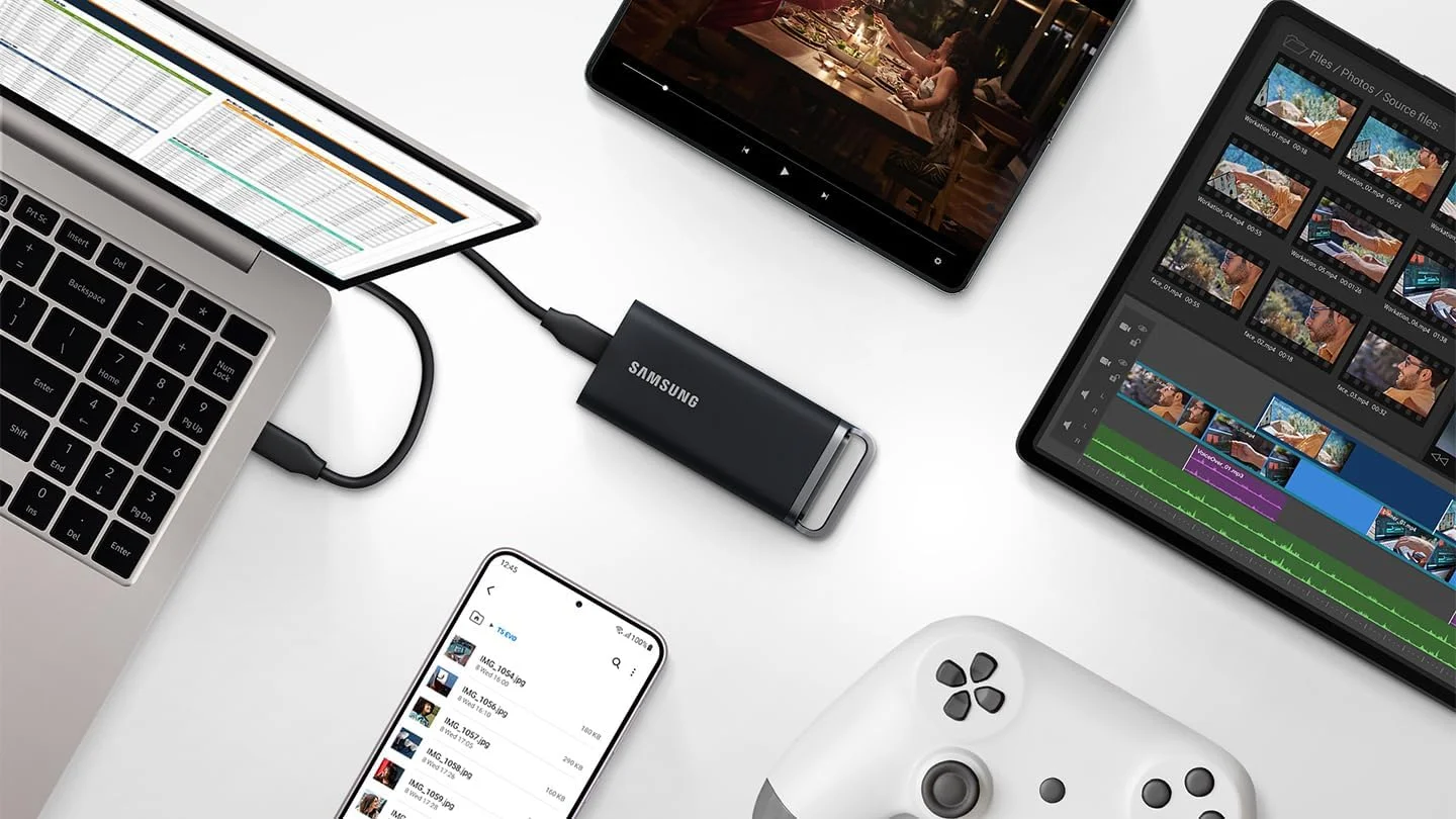 حافظه اس اس دی اکسترنال سامسونگ مدل Portable SSD T5 EVO با ظرفیت 2 ترابایت، USB 3.2 Gen 1، سرعت خواندن و نوشتن تا 460 مگابایت بر ثانیه، USB-C، مناسب برای مک، کامپیوتر، اندروید، تلویزیون های هوشمند و کنسول های بازی
