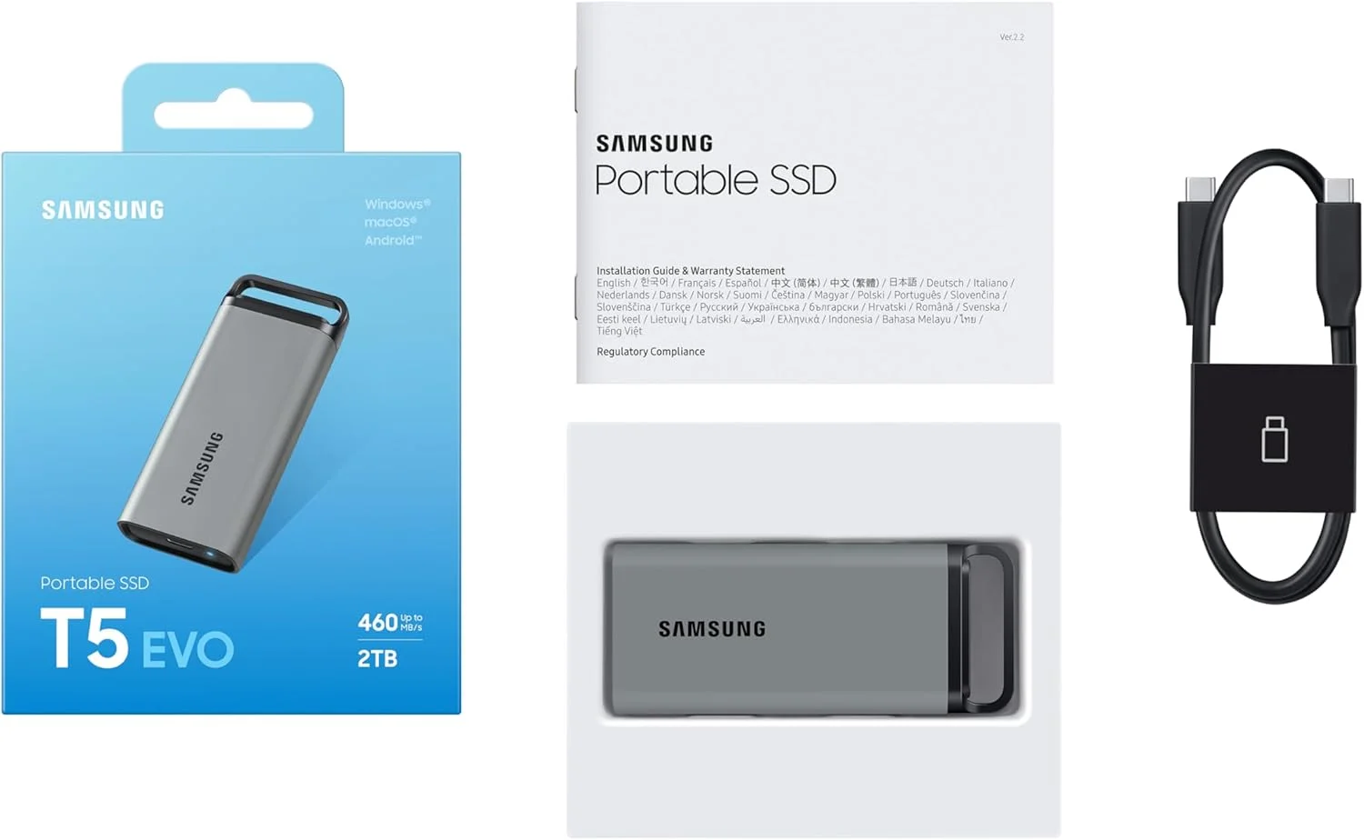 حافظه اس اس دی اکسترنال سامسونگ مدل Portable SSD T5 EVO با ظرفیت 2 ترابایت، USB 3.2 Gen 1، سرعت خواندن و نوشتن تا 460 مگابایت بر ثانیه، USB-C، مناسب برای مک، کامپیوتر، اندروید، تلویزیون های هوشمند و کنسول های بازی