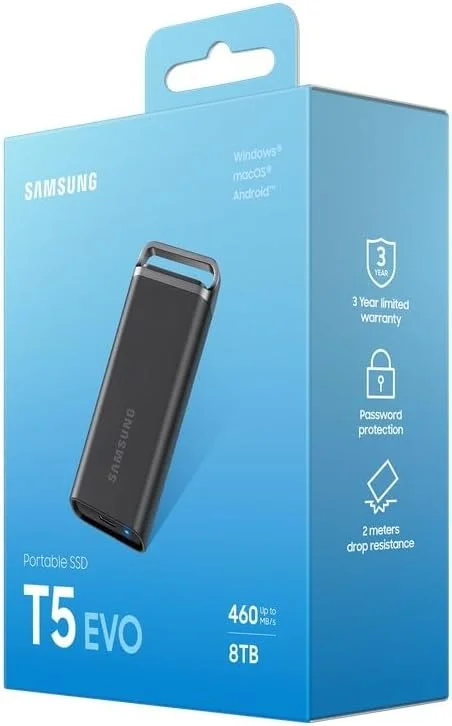 حافظه اس اس دی اکسترنال سامسونگ مدل Portable SSD T5 EVO با ظرفیت 8 ترابایت، USB 3.2 Gen 1، سرعت خواندن و نوشتن تا 460 مگابایت بر ثانیه، USB-C، مناسب برای مک، کامپیوتر، اندروید، تلویزیون های هوشمند و کنسول های بازی حافظه اس اس دی اکسترنال سامسونگ مدل Portable SSD T5 EVO با ظرفیت 8 ترابایت، USB 3.2 Gen 1، سرعت خواندن و نوشتن تا 460 مگابایت بر ثانیه، USB-C، مناسب برای مک، کامپیوتر، اندروید، تلویزیون های هوشمند و کنسول های بازی