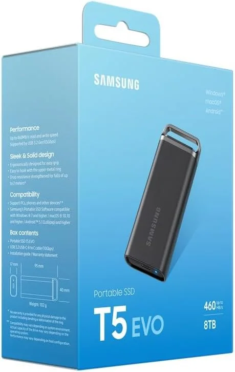 حافظه اس اس دی اکسترنال سامسونگ مدل Portable SSD T5 EVO با ظرفیت 8 ترابایت، USB 3.2 Gen 1، سرعت خواندن و نوشتن تا 460 مگابایت بر ثانیه، USB-C، مناسب برای مک، کامپیوتر، اندروید، تلویزیون های هوشمند و کنسول های بازی حافظه اس اس دی اکسترنال سامسونگ مدل Portable SSD T5 EVO با ظرفیت 8 ترابایت، USB 3.2 Gen 1، سرعت خواندن و نوشتن تا 460 مگابایت بر ثانیه، USB-C، مناسب برای مک، کامپیوتر، اندروید، تلویزیون های هوشمند و کنسول های بازی