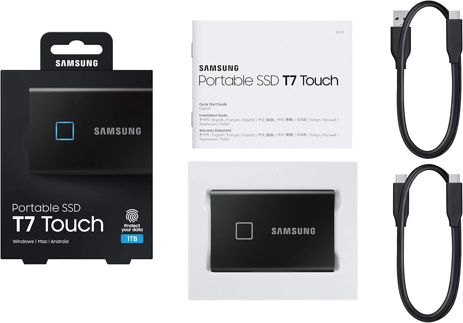 حافظه اس اس دی اکسترنال سامسونگ مدل MU-PC1T0K/WW T7 TOUCH با USB 3.2 و امنیت اثر انگشت و رمز عبور - 1 ترابایت، مشکی