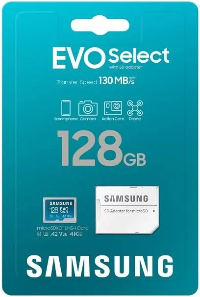 کارت حافظه 128 گیگابایتی Samsung EVO Select microSDXC UHS-I U3 با سرعت 130 مگابایت بر ثانیه، مناسب برای Full HD و 4K UHD به همراه آداپتور SD (MB-ME128KA/EU)، آبی