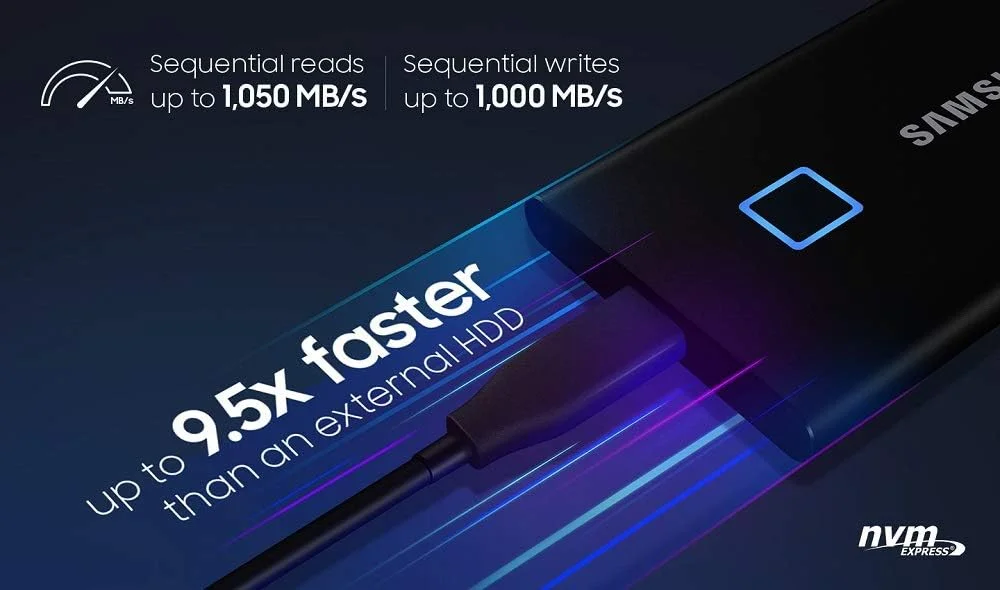 حافظه اس اس دی اکسترنال سامسونگ مدل MU-PC1T0K/WW T7 TOUCH با USB 3.2 و امنیت اثر انگشت و رمز عبور - 1 ترابایت، مشکی