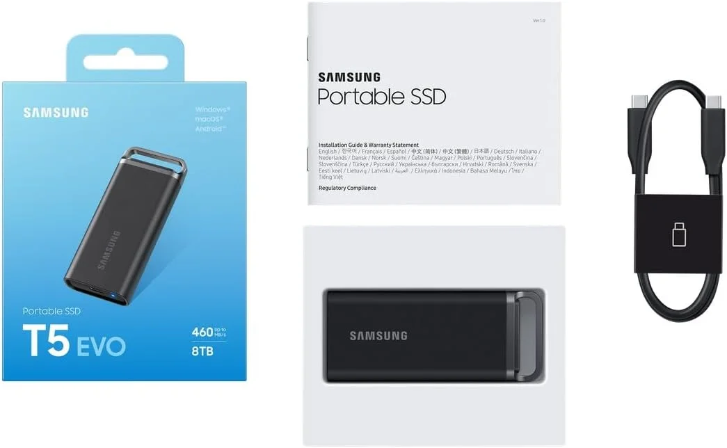 حافظه اس اس دی اکسترنال سامسونگ مدل Portable SSD T5 EVO با ظرفیت 8 ترابایت، USB 3.2 Gen 1، سرعت خواندن و نوشتن تا 460 مگابایت بر ثانیه، USB-C، مناسب برای مک، کامپیوتر، اندروید، تلویزیون های هوشمند و کنسول های بازی حافظه اس اس دی اکسترنال سامسونگ مدل Portable SSD T5 EVO با ظرفیت 8 ترابایت، USB 3.2 Gen 1، سرعت خواندن و نوشتن تا 460 مگابایت بر ثانیه، USB-C، مناسب برای مک، کامپیوتر، اندروید، تلویزیون های هوشمند و کنسول های بازی