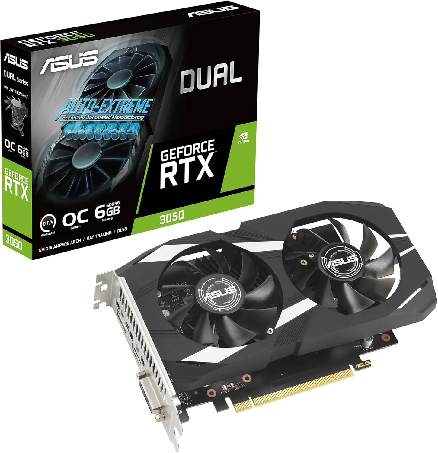 کارت گرافیک ایسوس Dual NVIDIA GeForce RTX 3050 6GB OC Edition Gaming - PCIe 4.0، حافظه 6GB GDDR6، HDMI 2.1، DisplayPort 1.4a، طراحی 2 اسلات، طراحی فن Axial-tech، فناوری 0dB، براکت فولادی
