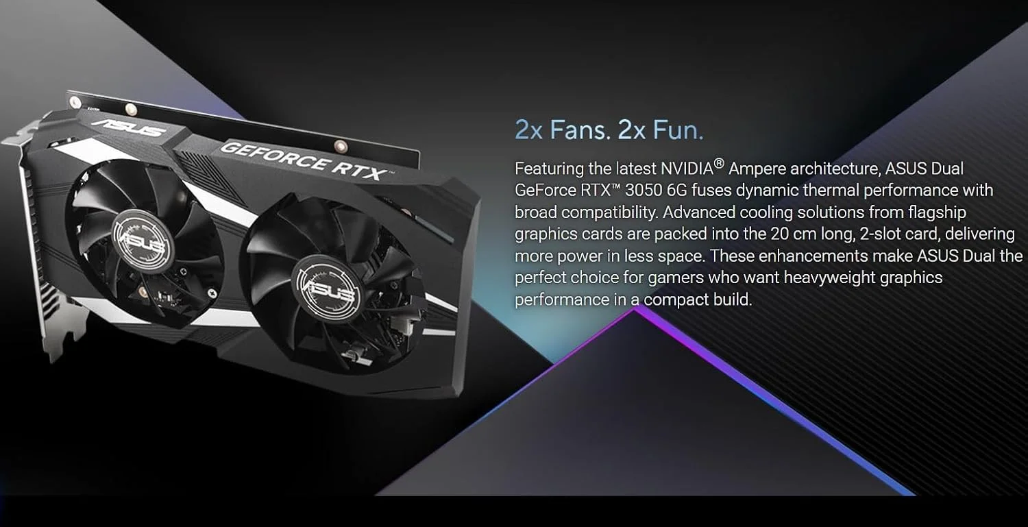 کارت گرافیک ایسوس Dual NVIDIA GeForce RTX 3050 6GB OC Edition Gaming - PCIe 4.0، حافظه 6GB GDDR6، HDMI 2.1، DisplayPort 1.4a، طراحی 2 اسلات، طراحی فن Axial-tech، فناوری 0dB، براکت فولادی کارت گرافیک ایسوس Dual NVIDIA GeForce RTX 3050 6GB OC Edition Gaming - PCIe 4.0، حافظه 6GB GDDR6، HDMI 2.1، DisplayPort 1.4a، طراحی 2 اسلات، طراحی فن Axial-tech، فناوری 0dB، براکت فولادی